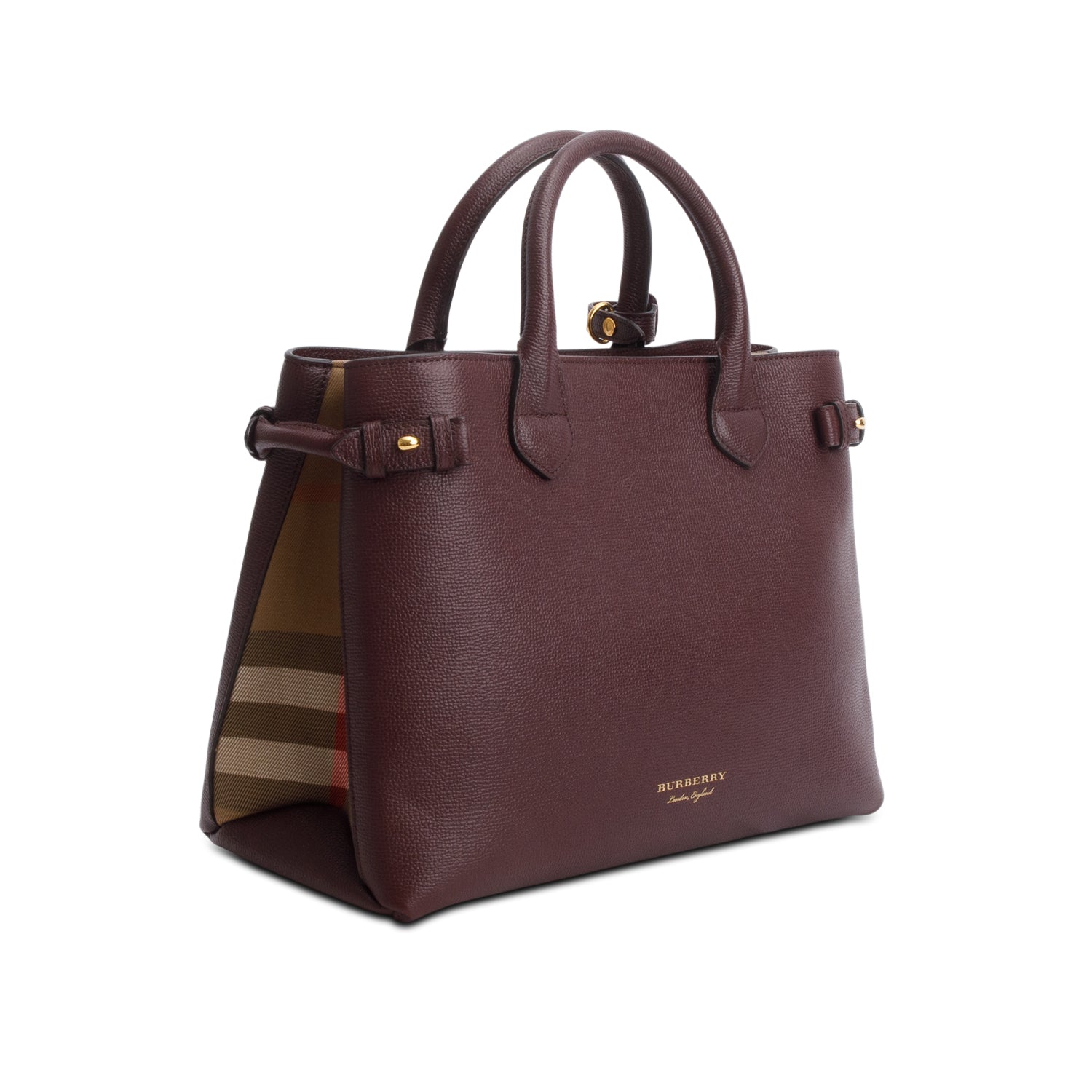 Burberry Burgundy Grainy Calfskin Leather House Check Medium Banner Tote w/ Strap