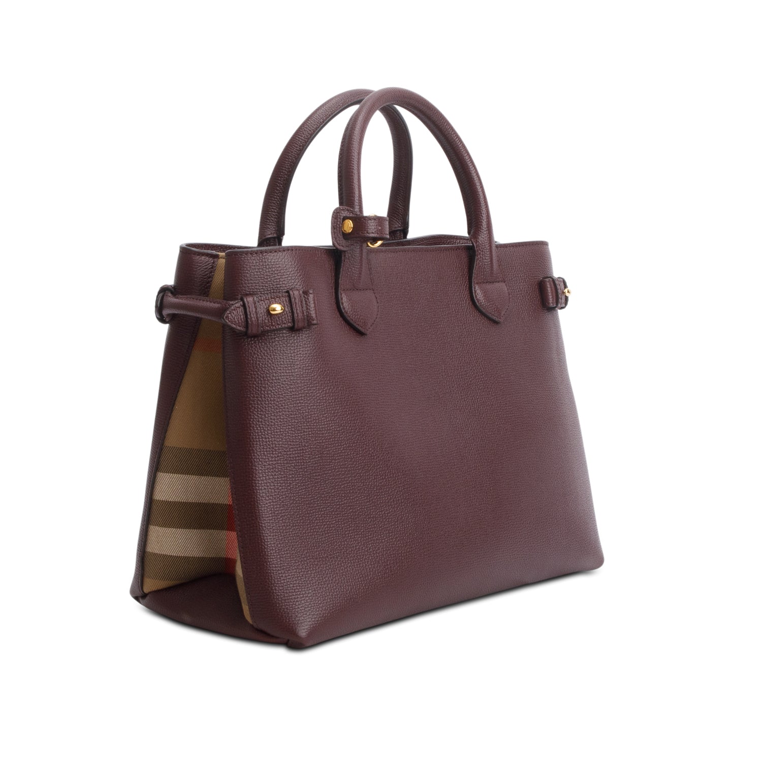 Burberry Burgundy Grainy Calfskin Leather House Check Medium Banner Tote w/ Strap