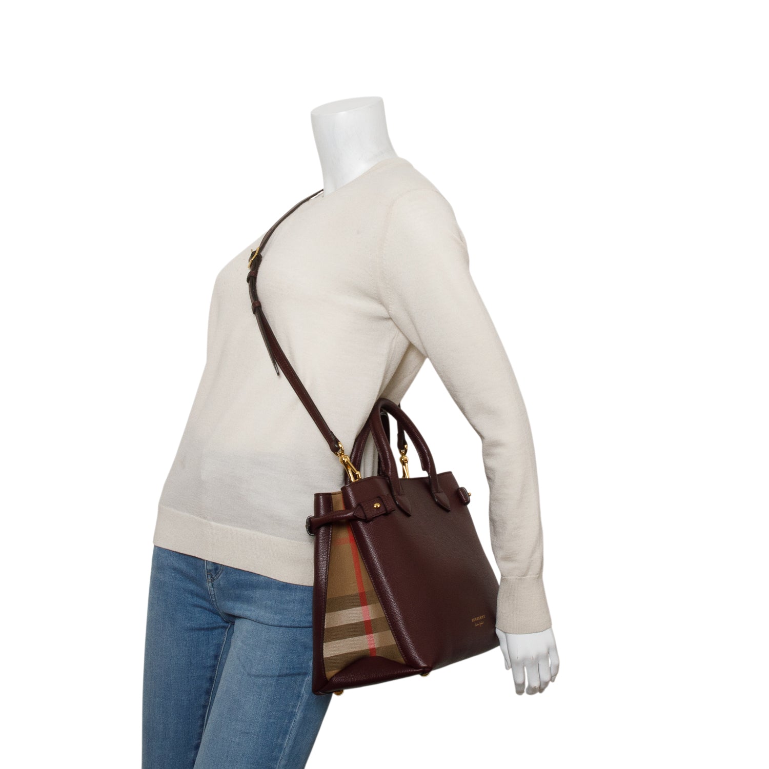 Burberry Burgundy Grainy Calfskin Leather House Check Medium Banner Tote w/ Strap