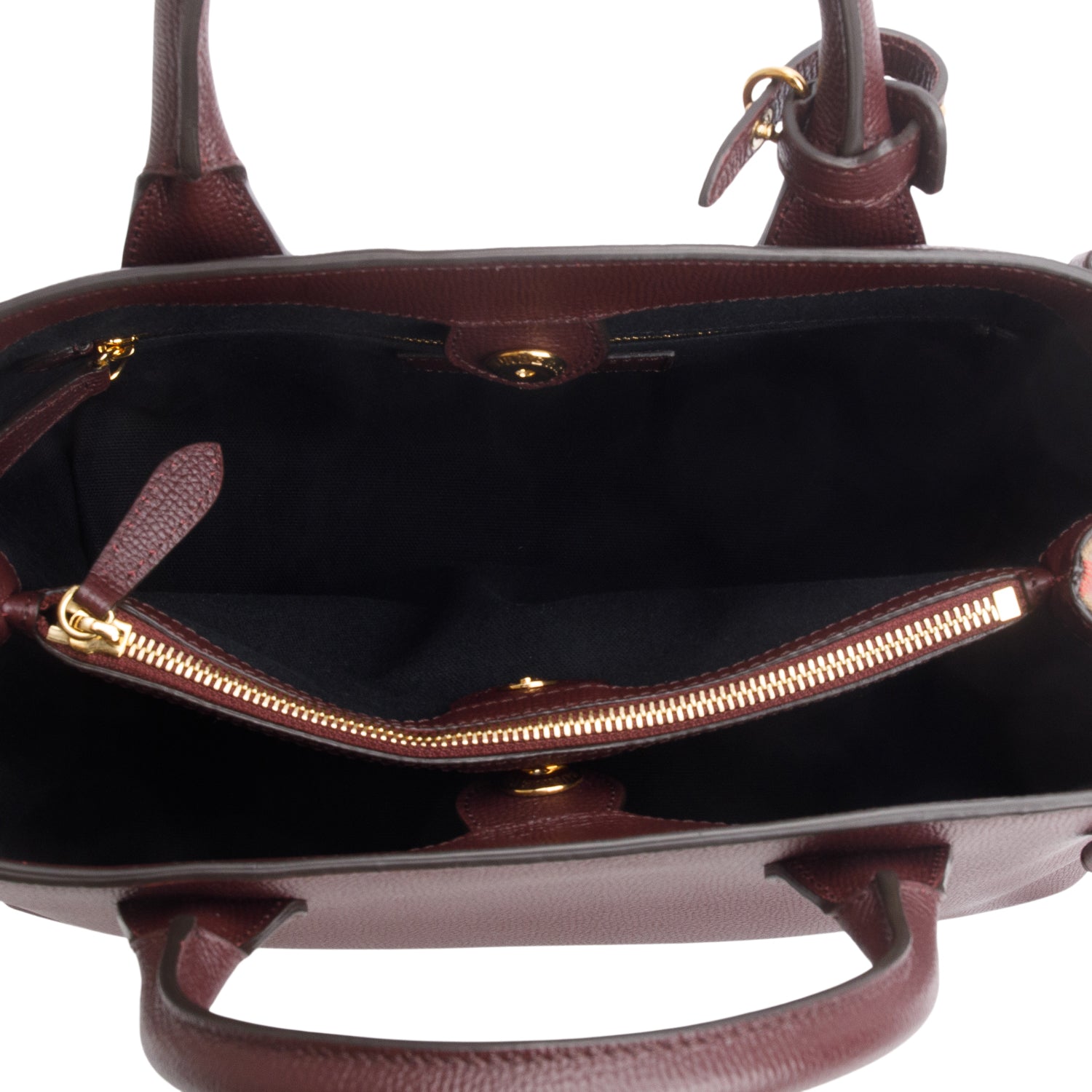 Burberry Burgundy Grainy Calfskin Leather House Check Medium Banner Tote w/ Strap