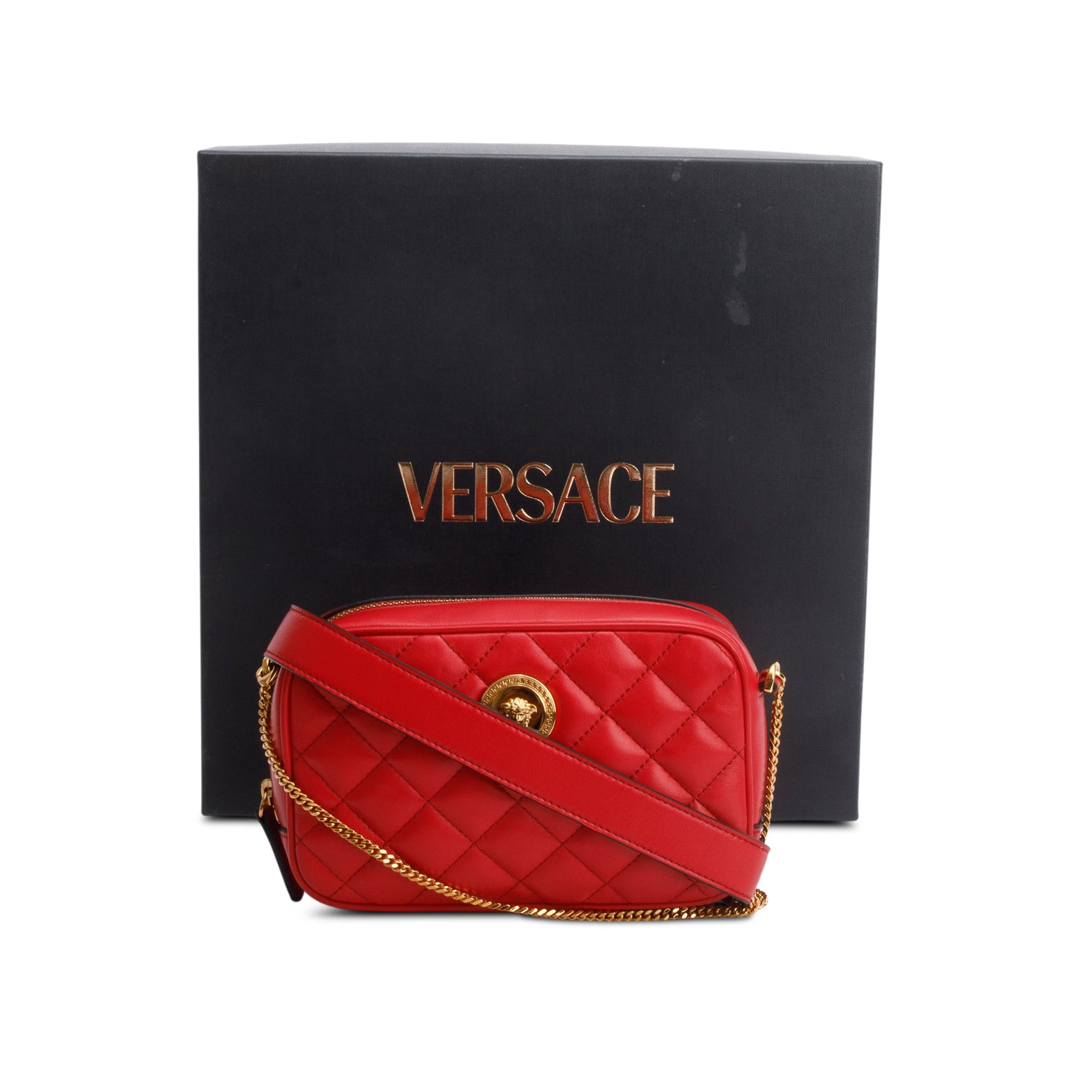 Versace Red Lambskin Quilted Convertible Belt Bag w/ Straps & Box