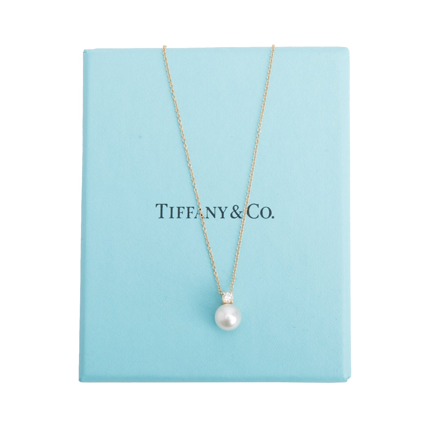 Tiffany & Co. 18k Yellow Gold Diamond Signature Pearl Pendant Necklace w/ Box