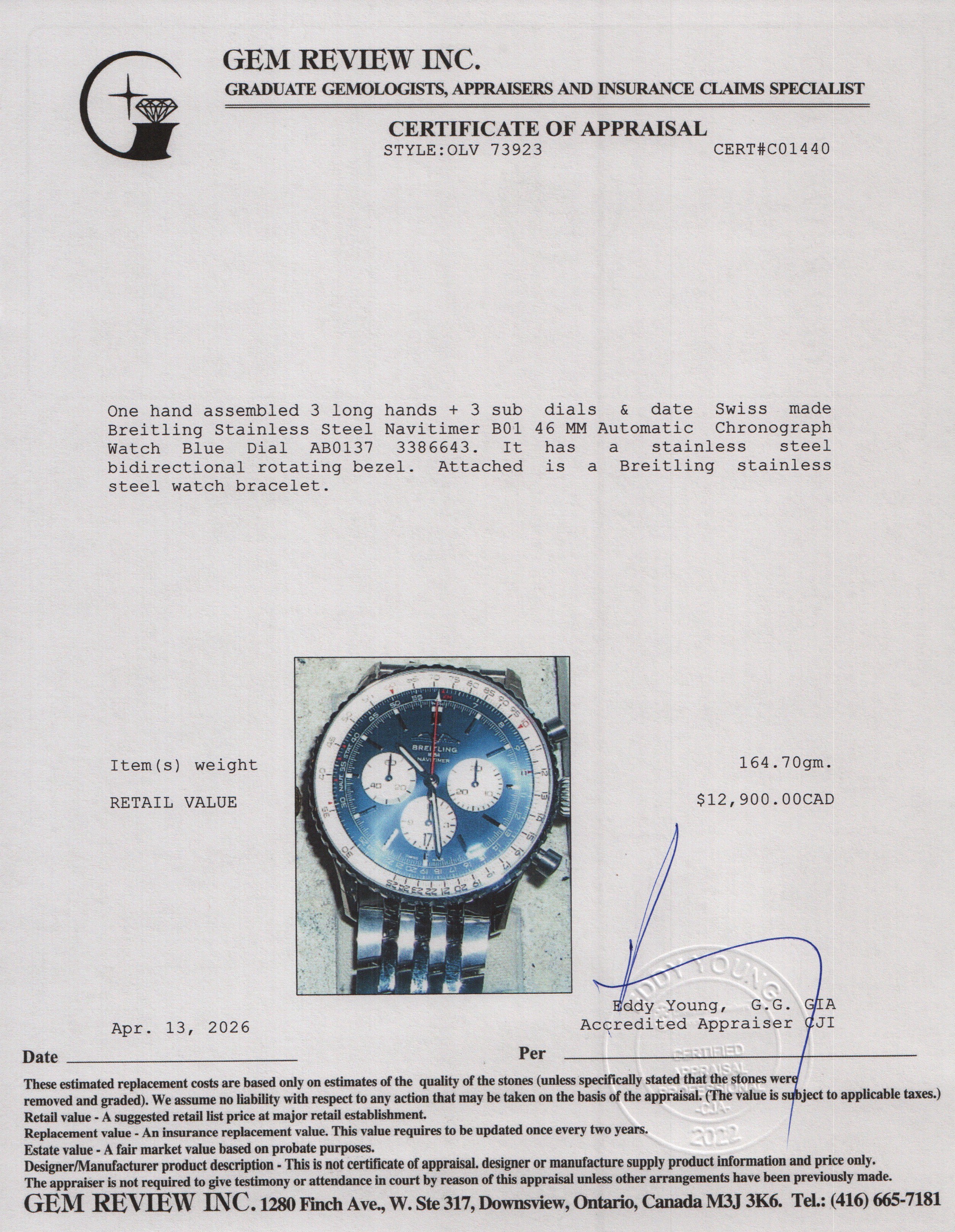 Breitling Stainless Steel Navitimer B01 46 MM Automatic Chronograph Watch Blue Dial AB0137 w/ Box & Papers