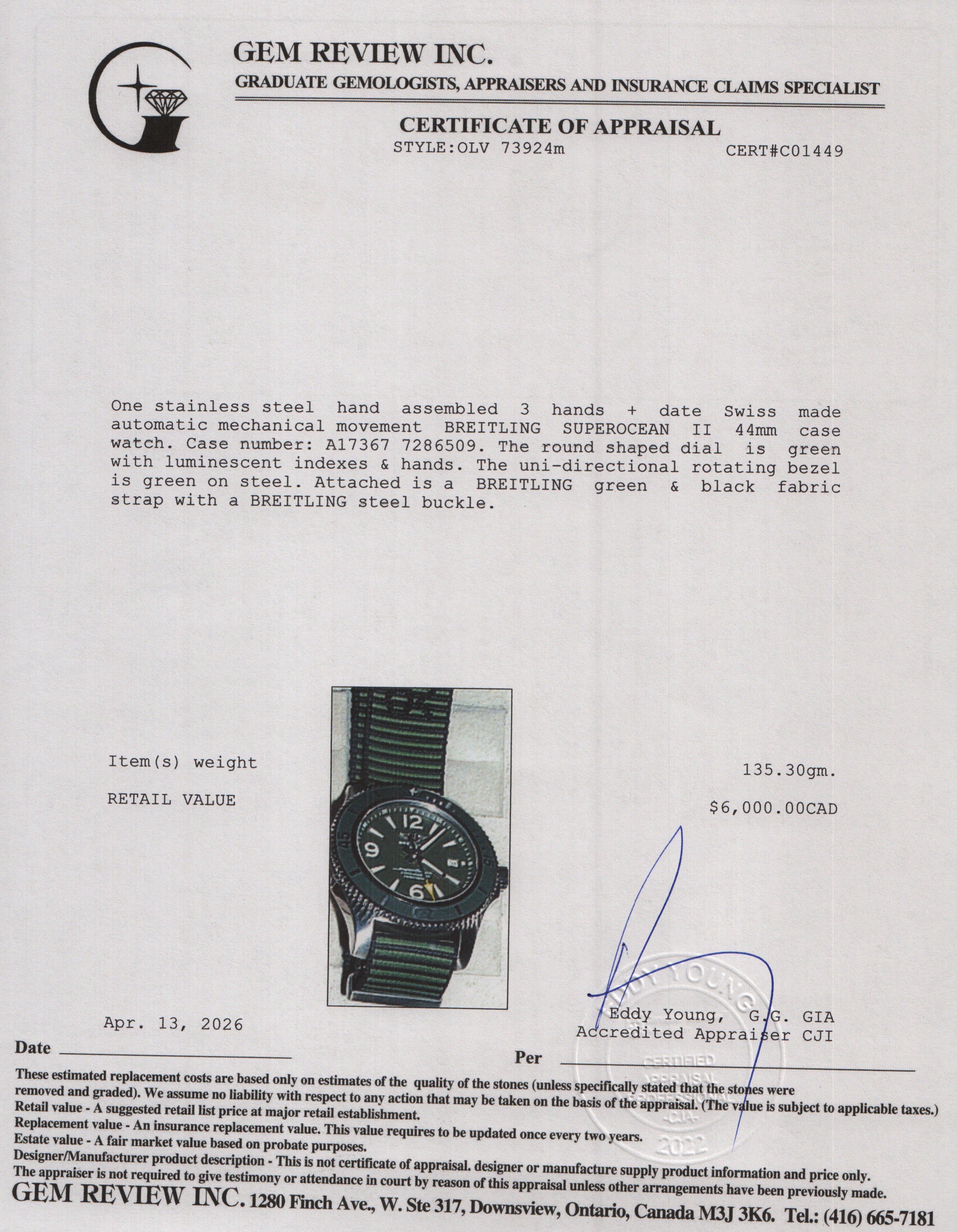 Breitling Stainless Steel Superocean 44 MM Automatic Watch Green Dial A17367 w/ Box & Papers