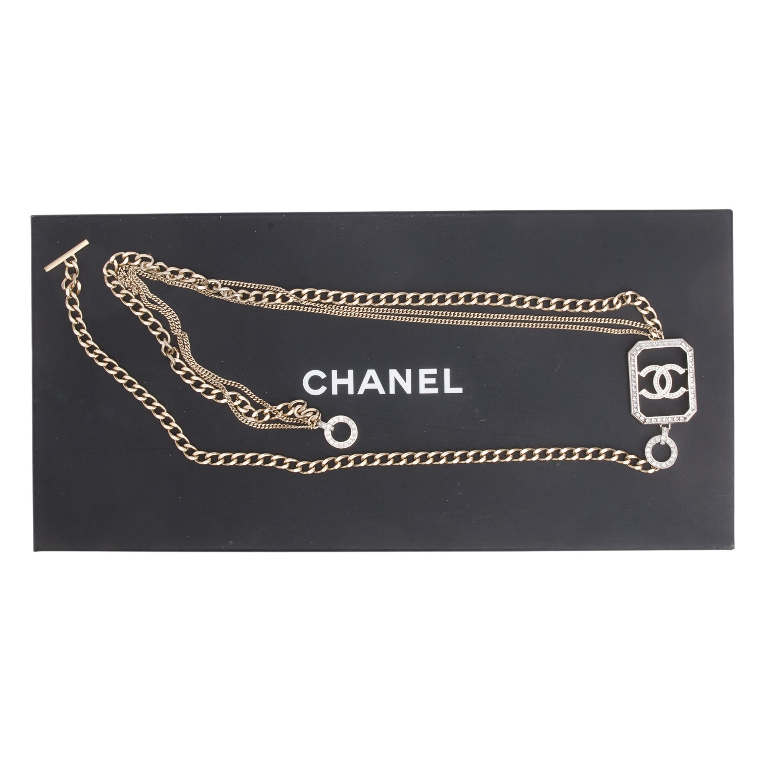 Chanel Gold-Plated & Palladium-Plated Strass CC Long Station Necklace w/ Box