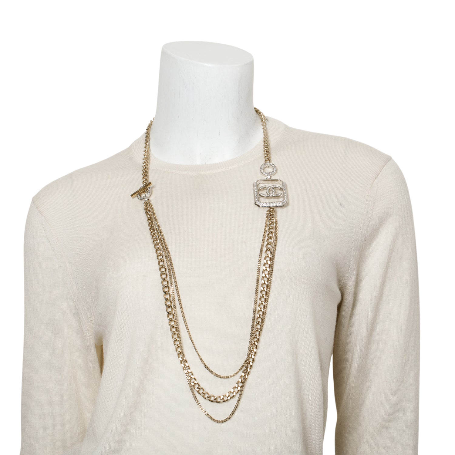 Chanel Gold-Plated & Palladium-Plated Strass CC Long Station Necklace w/ Box