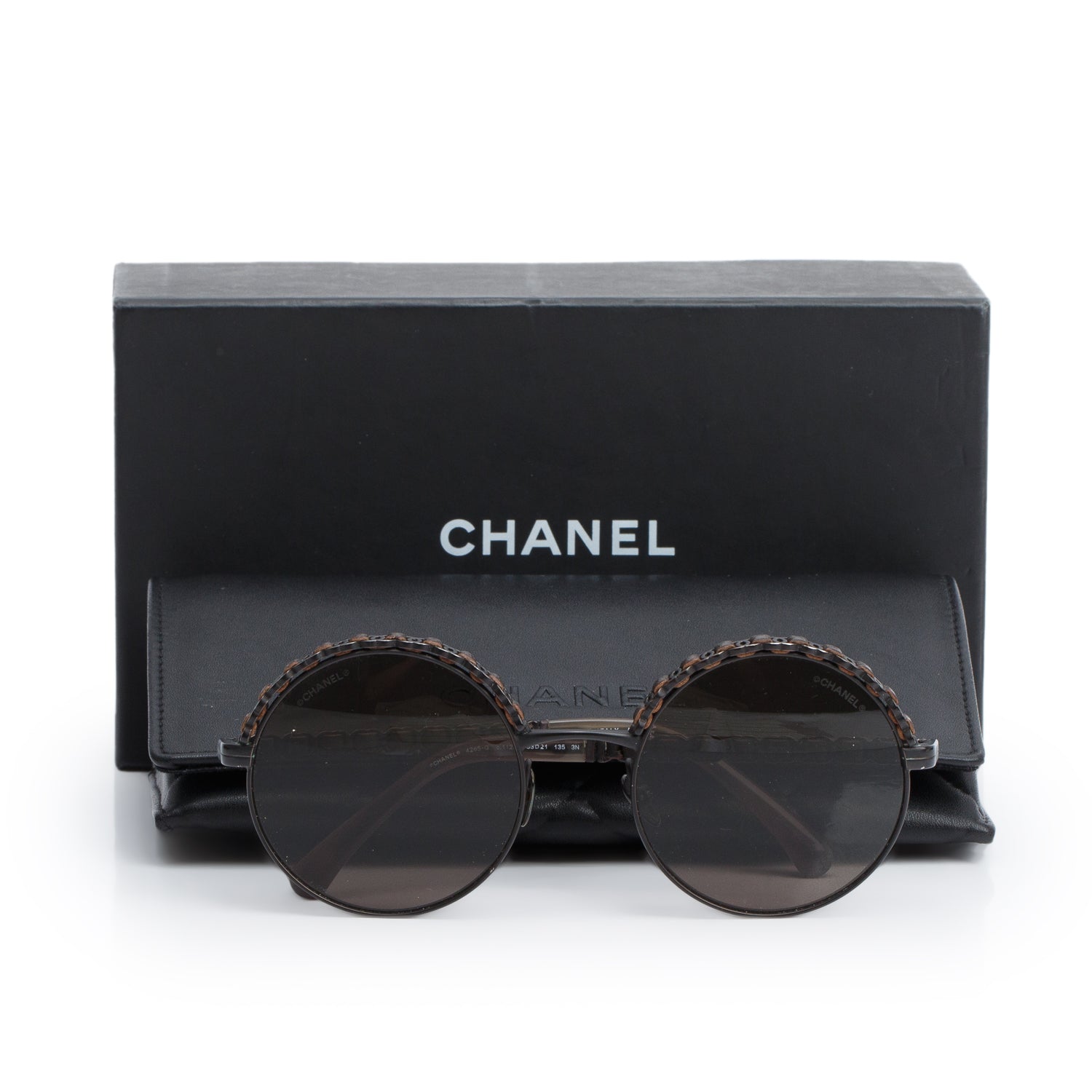 Chanel 4265Q Black Metal Calfskin Round Sunglasses w/ Box & Case