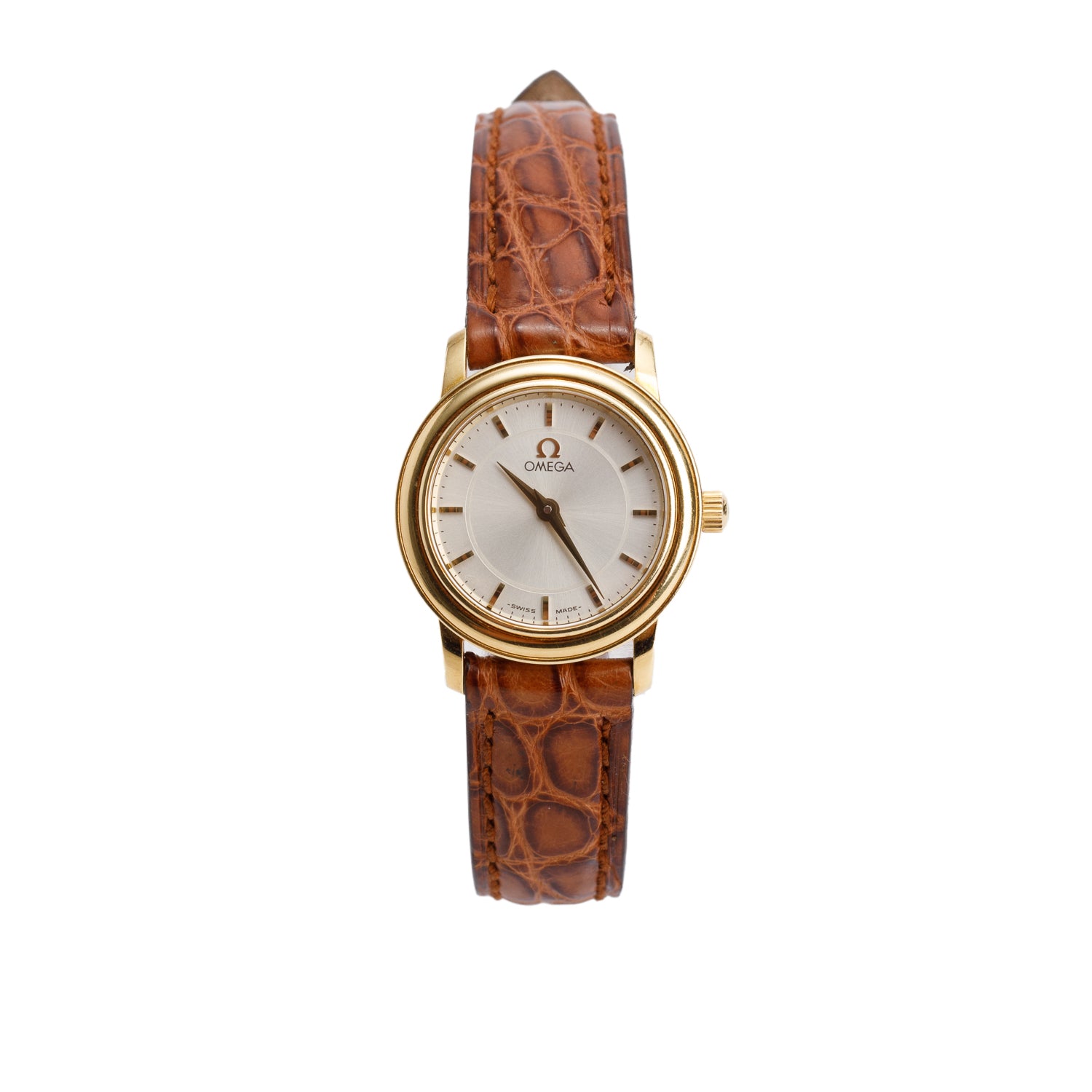 Omega 18k Yellow Gold De Ville Prestige 22 MM Quartz Watch Silver Dial w/ Box & Receipt