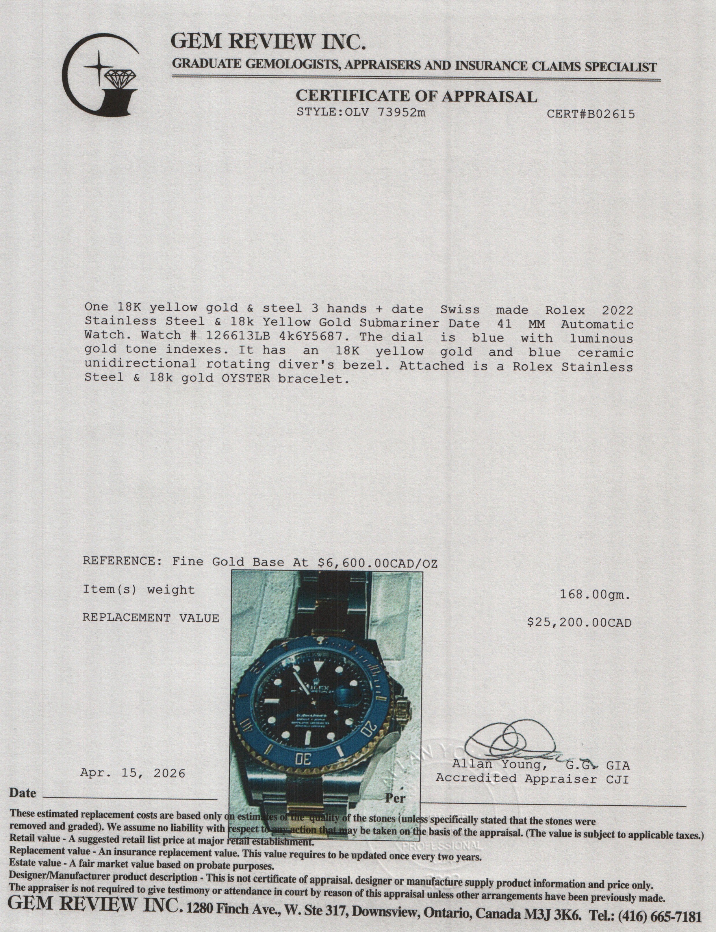 Rolex 2023 Stainless Steel & 18k Yellow Gold Submariner Date 41 MM Automatic Watch Blue Dial 126613LB w/ Box & Papers