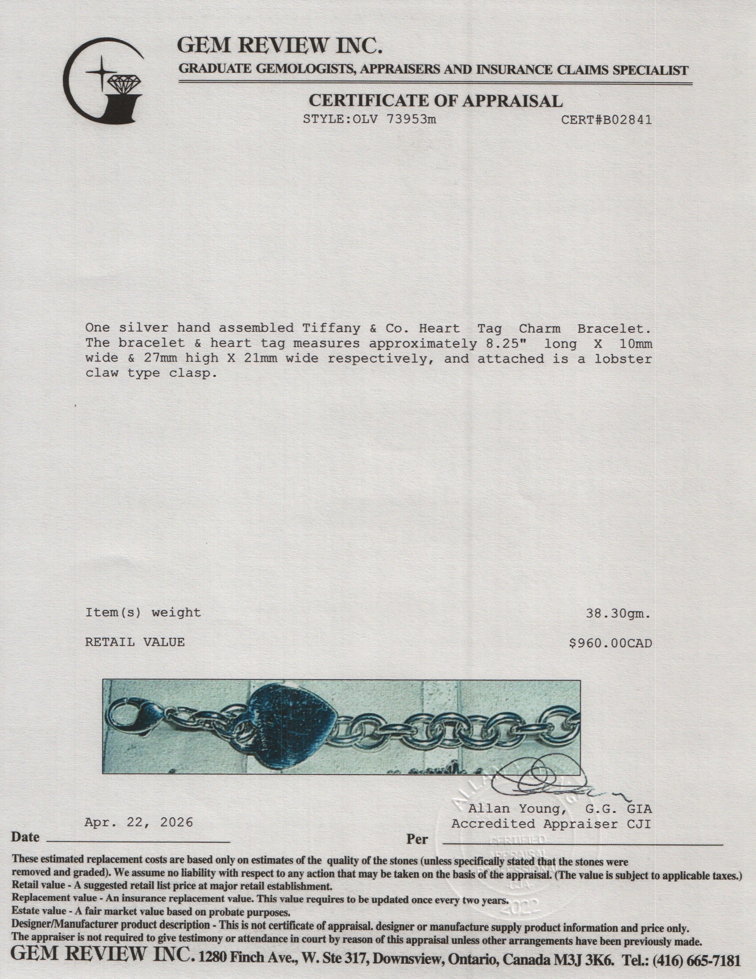 Tiffany & Co. Sterling Silver Heart Tag Charm Bracelet