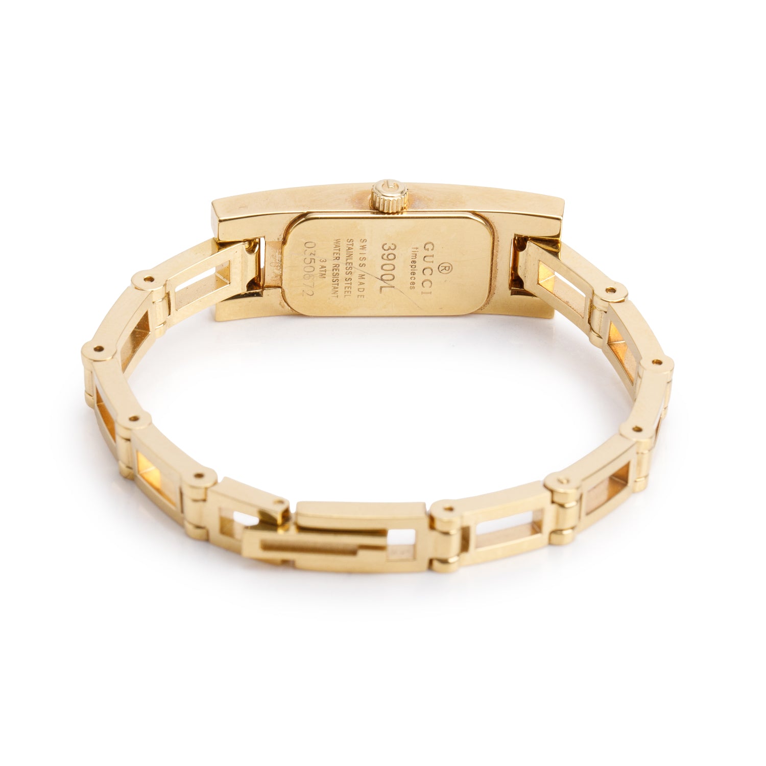 Gucci Gold Plated Stainless Steel White Leather 3900 Series Watch Black Dial