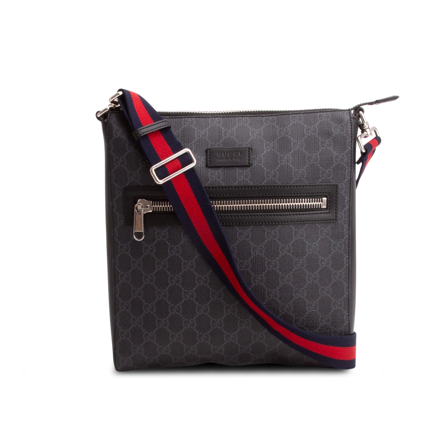 Gucci Black GG Supreme Monogram Web Flat Medium Messenger Bag