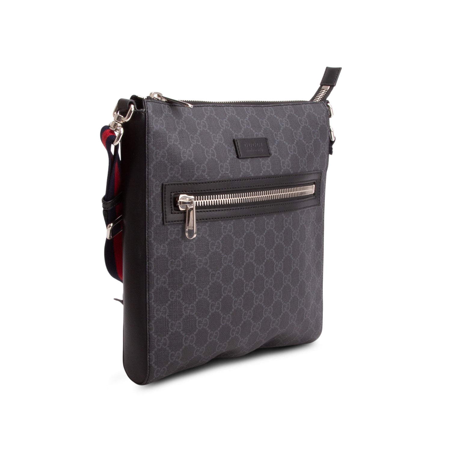 Gucci Black GG Supreme Monogram Web Flat Medium Messenger Bag