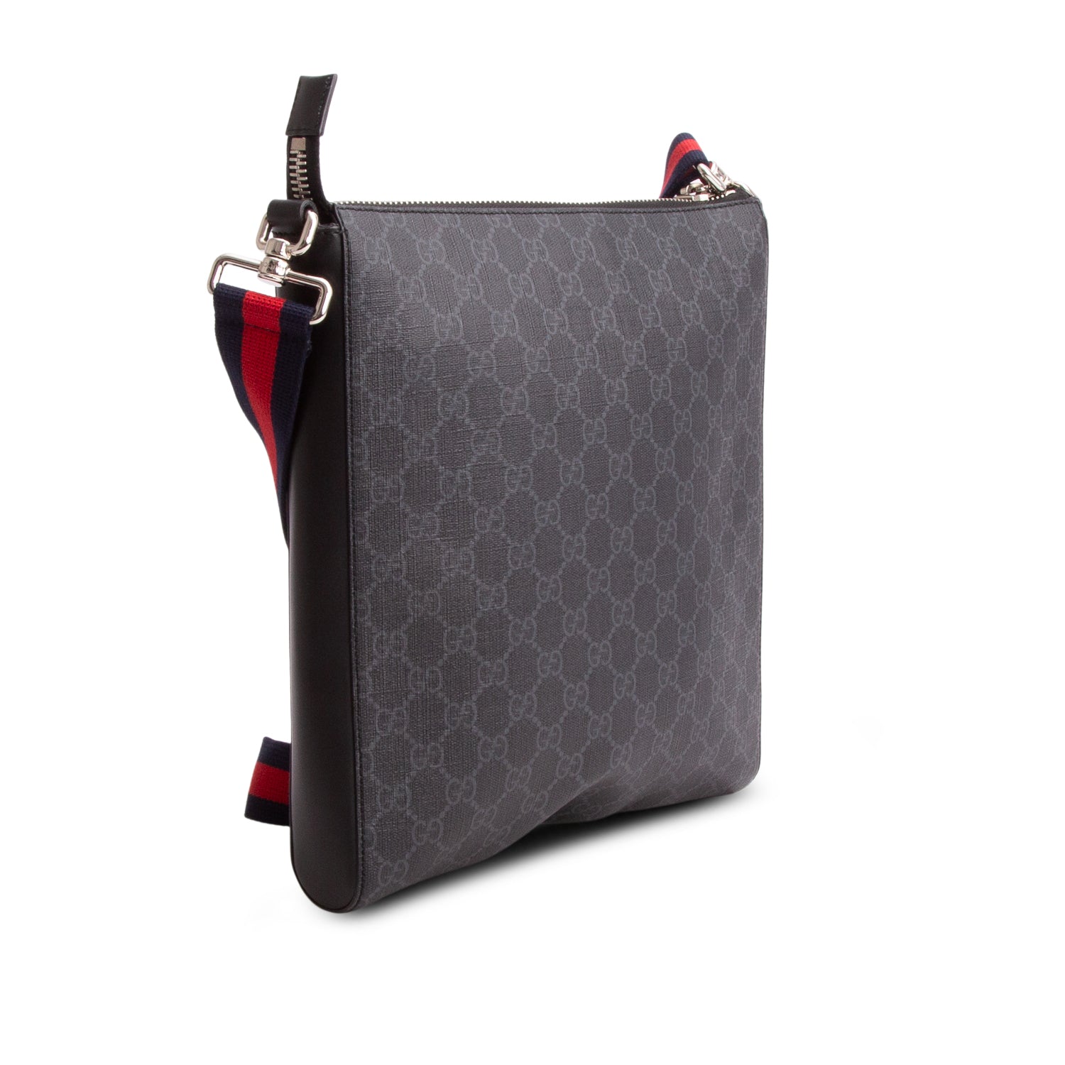 Gucci Black GG Supreme Monogram Web Flat Medium Messenger Bag