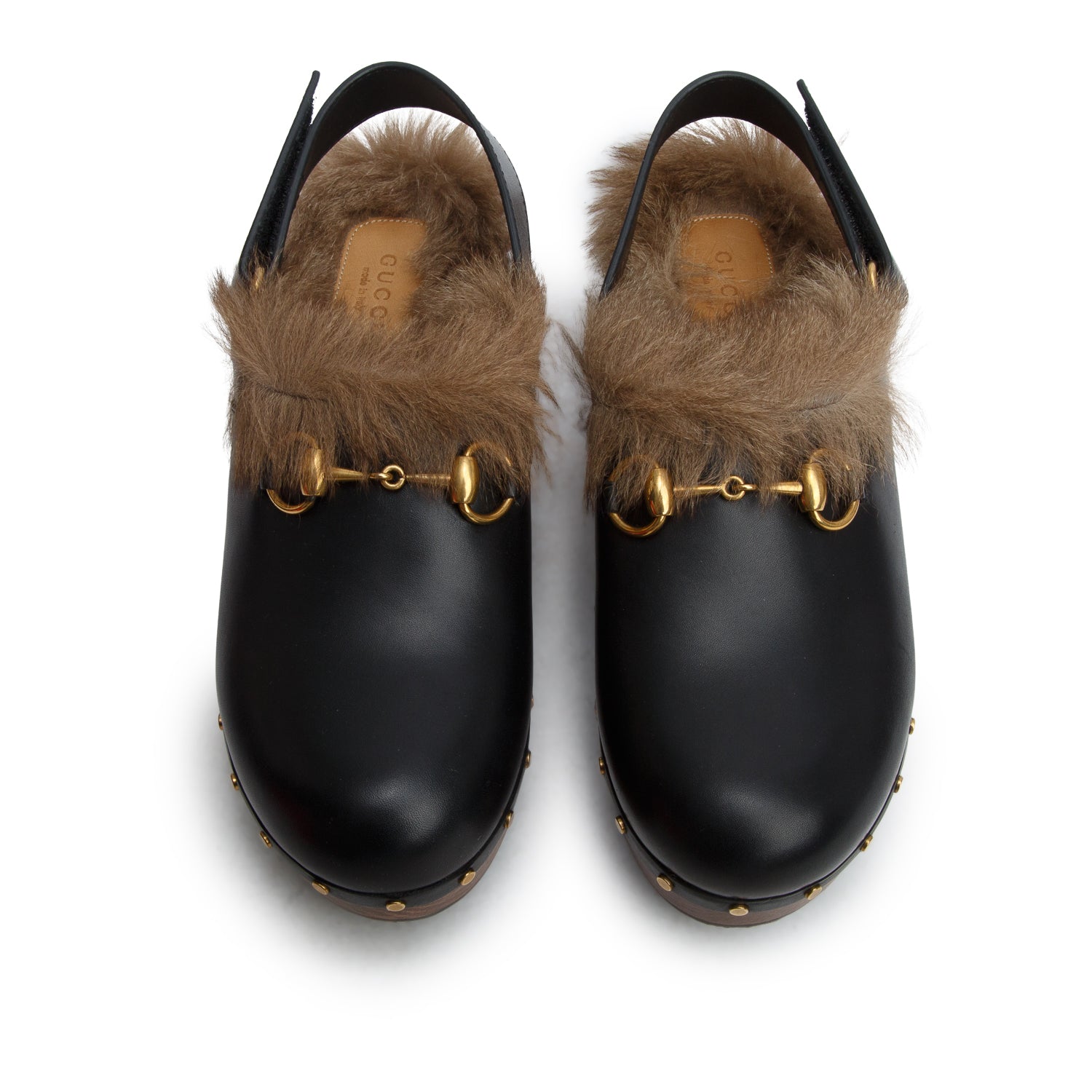 Gucci Black Calfskin Fur Horsebit Amstel Slingback Clogs, Size 39 w/ Box
