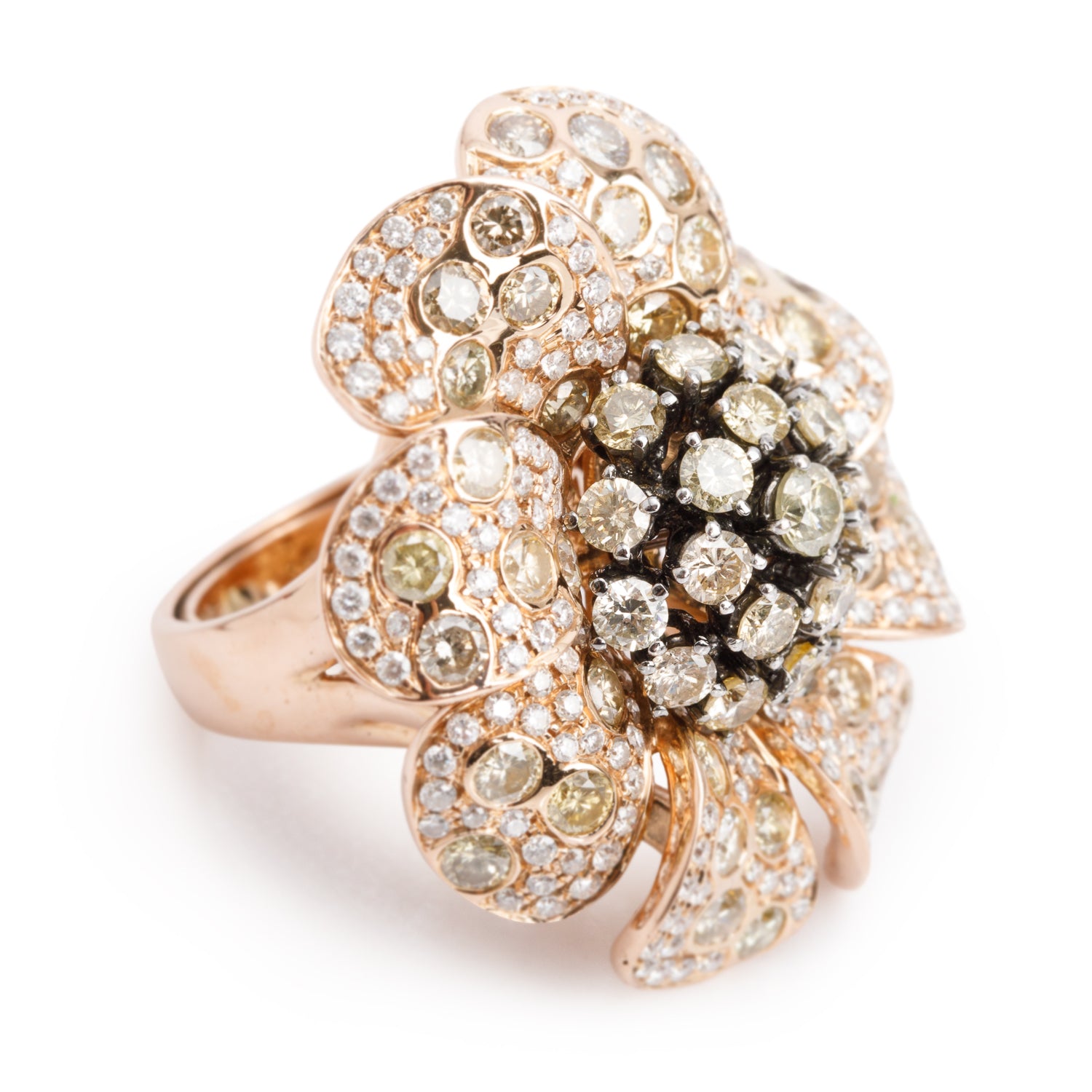 18k Rose Gold Pave Yellow & White Diamond Flower Ring, Size 6.5
