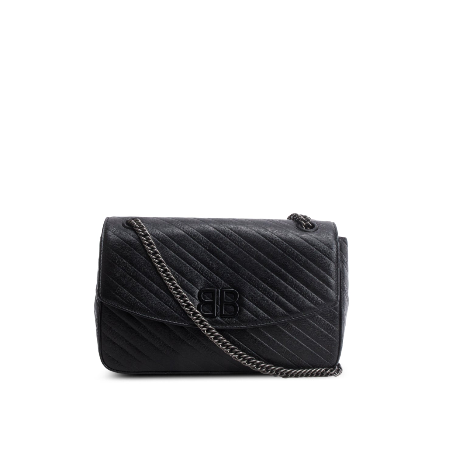 Balenciaga Black Calfskin Leather Logo Matelasse BB Chain Shoulder Bag