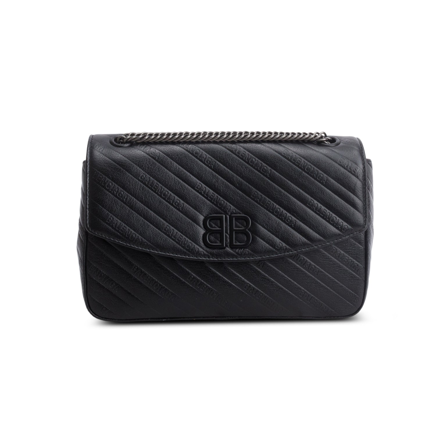 Balenciaga Black Calfskin Leather Logo Matelasse BB Chain Shoulder Bag