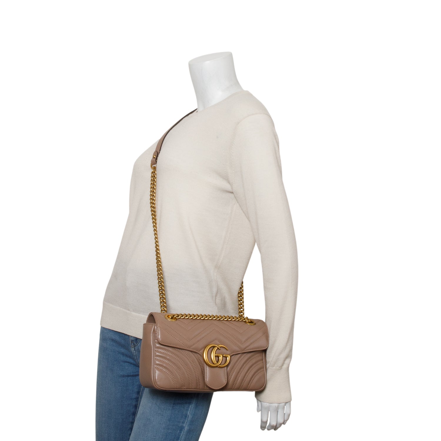 Gucci Taupe Leather GG Marmont Small Shoulder Bag