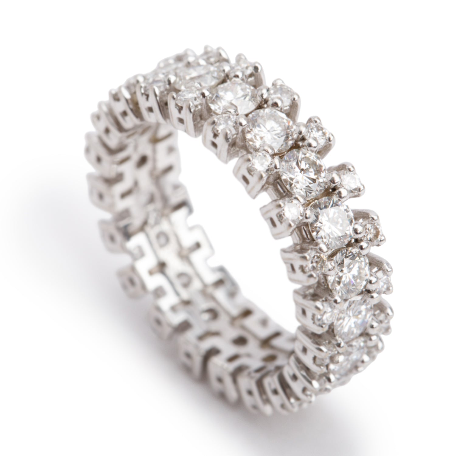 18k White Gold Three Row Diamond Band Ring, Size 5