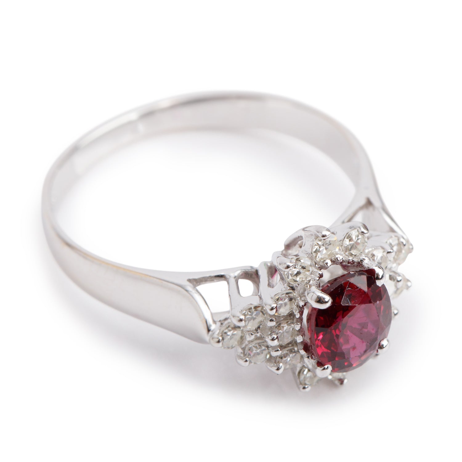 14k White Gold Ruby and Diamond Cocktail Ring, Size 6.75
