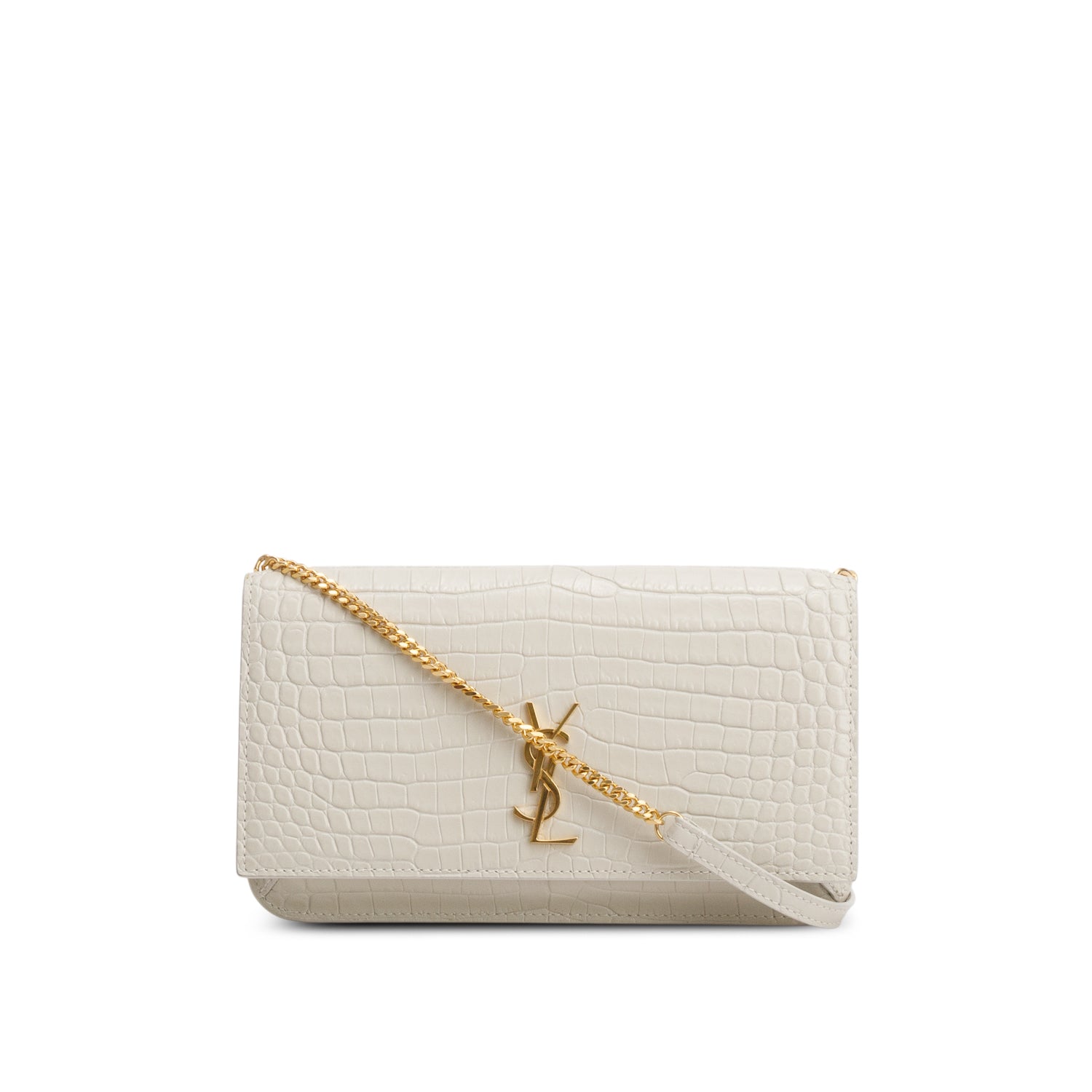 Saint Laurent 2023 White Croc Embossed Leather Cassandre Phone Holder Bag w/ Box