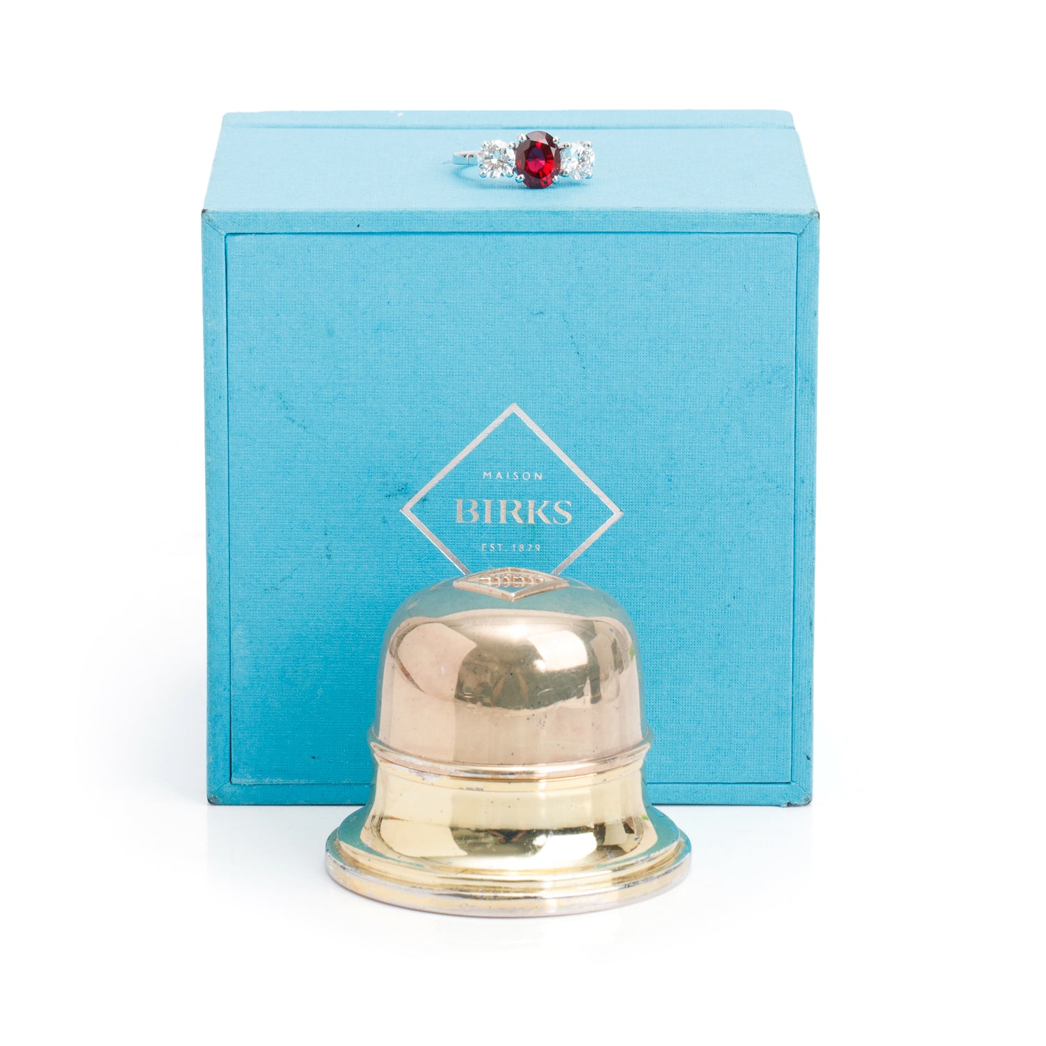 Birks Platinum Ruby & Diamond Three Stone Ring, Size 6 w/ Box