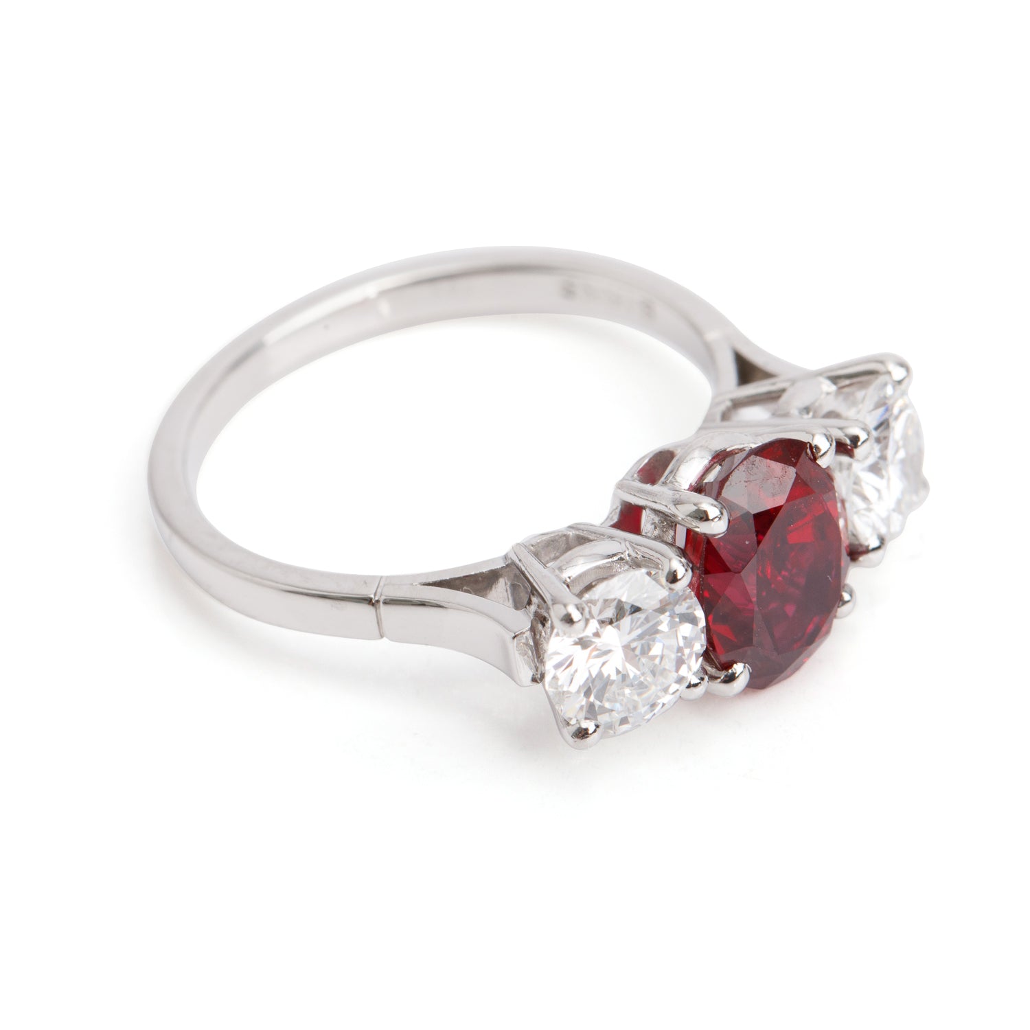 Birks Platinum Ruby & Diamond Three Stone Ring, Size 6 w/ Box