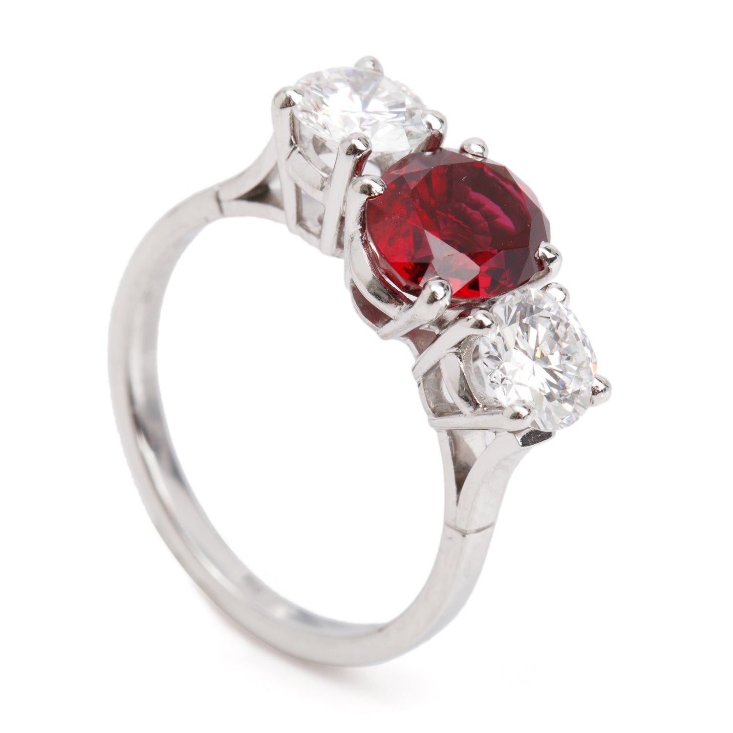 Birks Platinum Ruby & Diamond Three Stone Ring, Size 6 w/ Box