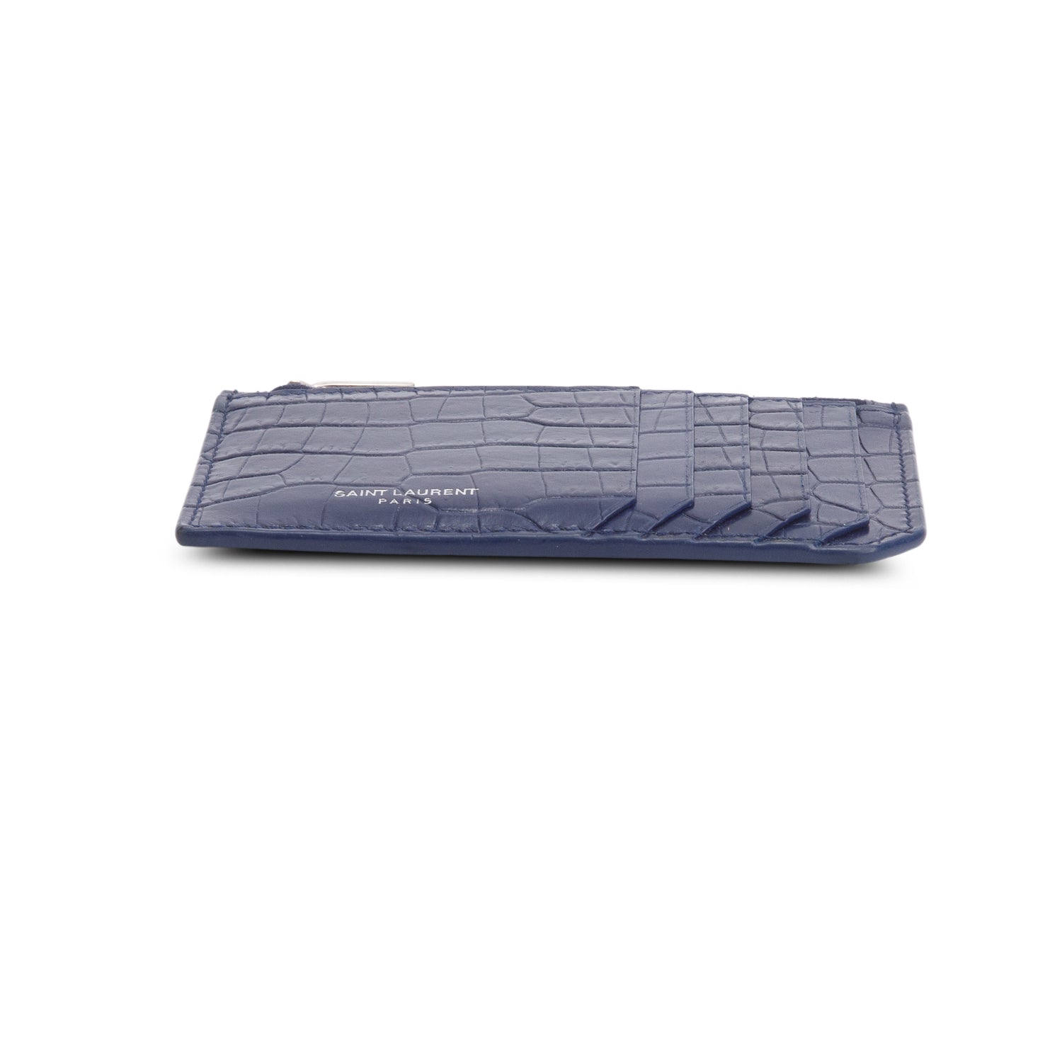Saint Laurent Blue Croc Embossed Tiny Fragments Zip Card Case w/ Box