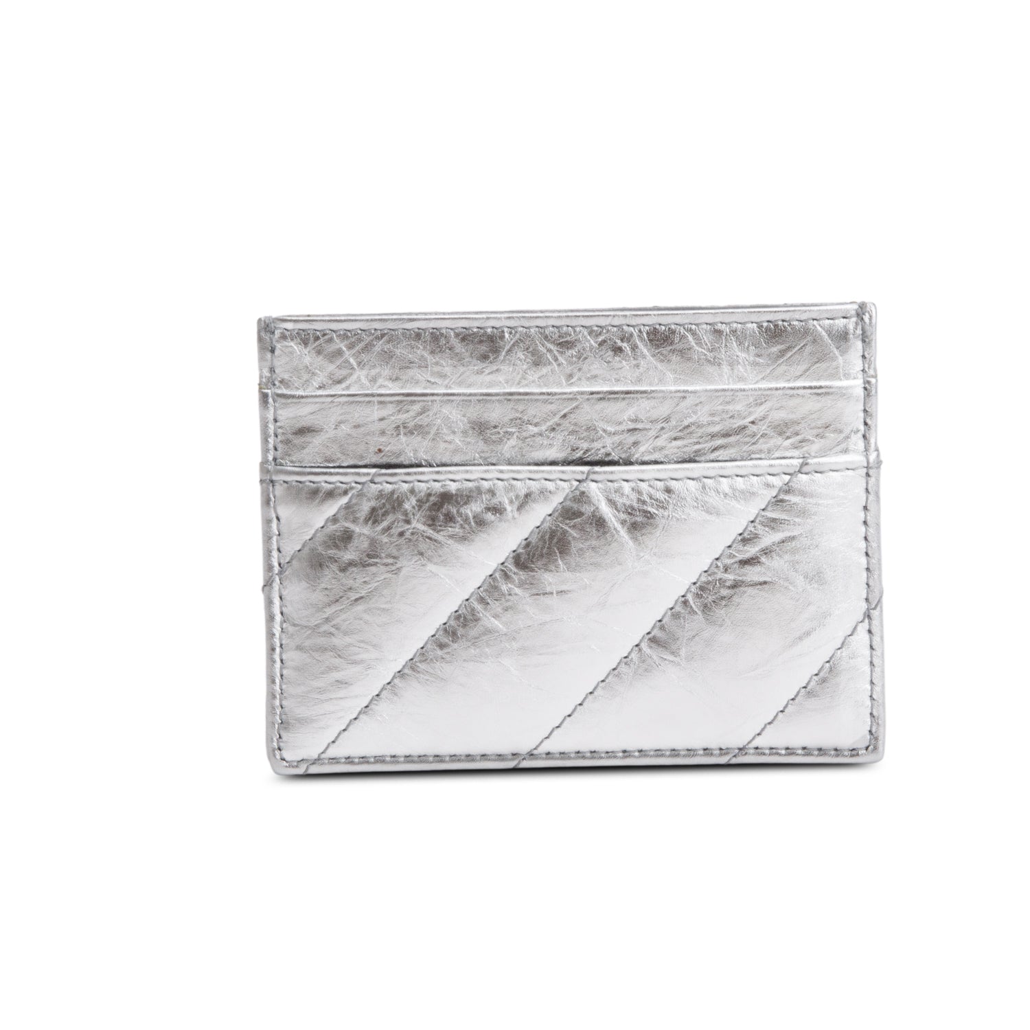 Balenciaga Silver Calfskin Quilted Crush Card Holder w/ Box