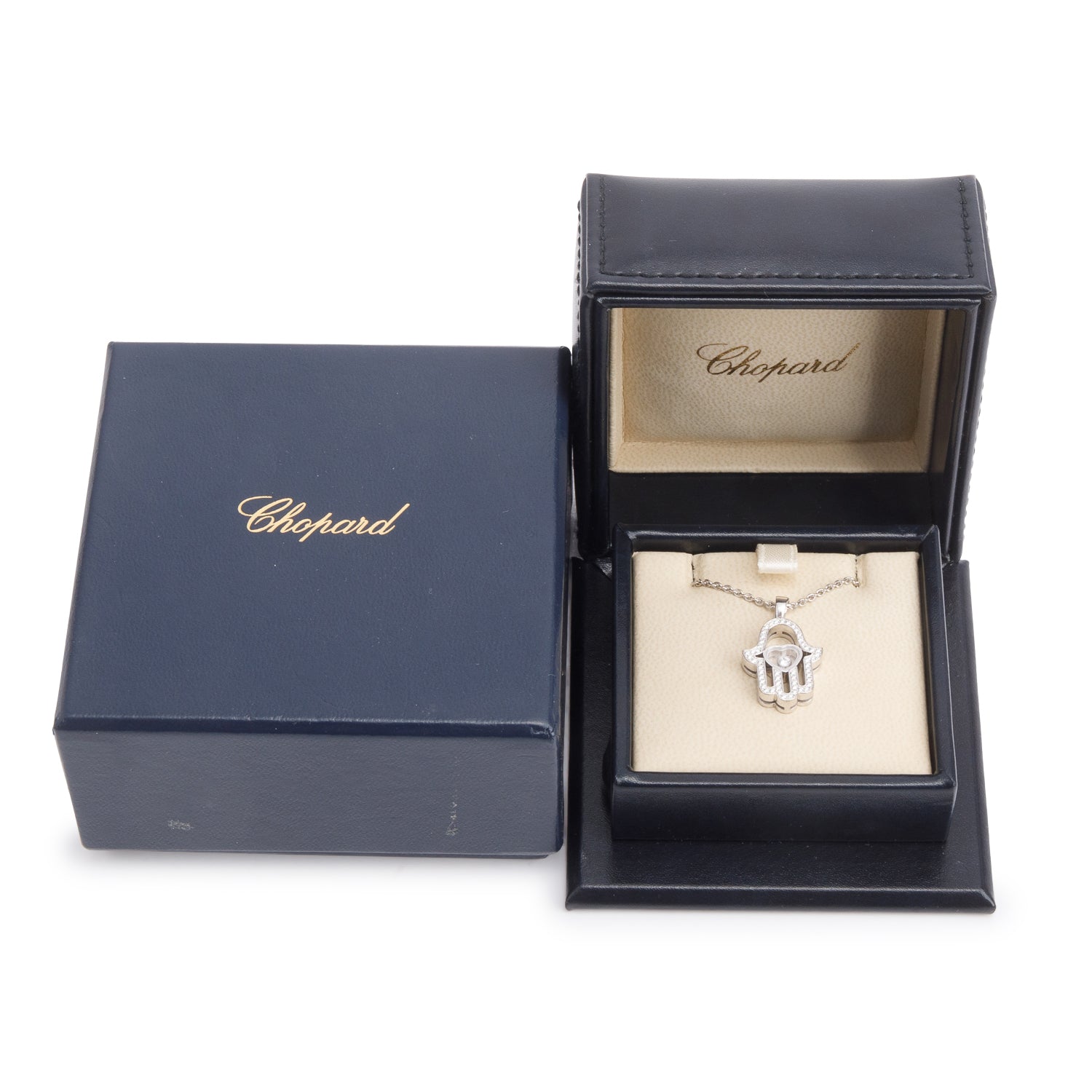 Chopard 18k White Gold Happy DiamondGood Luck Charm Hamsa Hand Pendant Necklace w/ Box