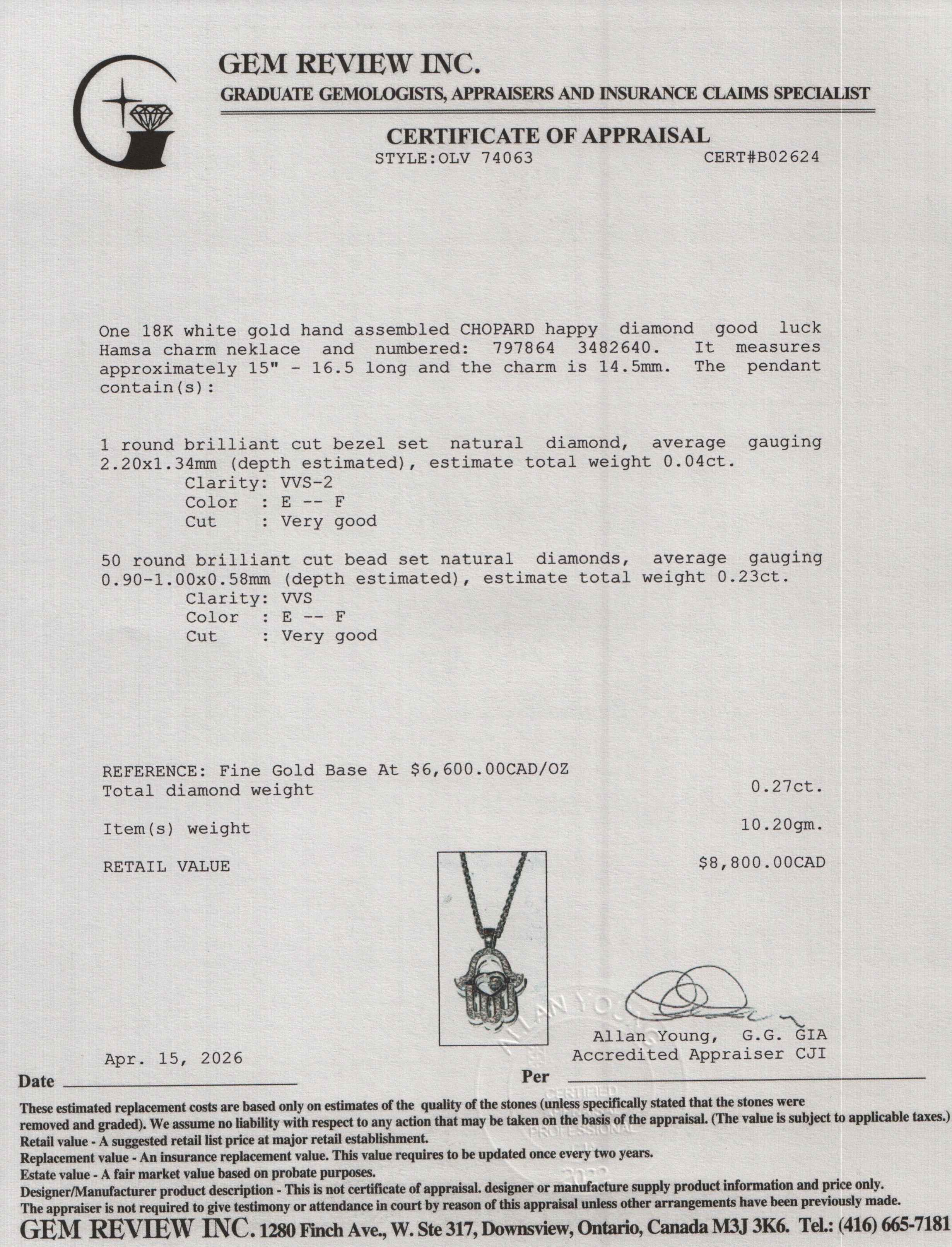 Chopard 18k White Gold Happy DiamondGood Luck Charm Hamsa Hand Pendant Necklace w/ Box