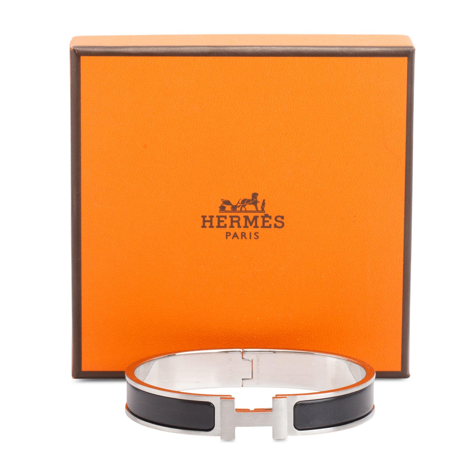 Hermes Palladium Plated Noir Mat Enamel 12 MM Clic HH Bracelet w/ Box