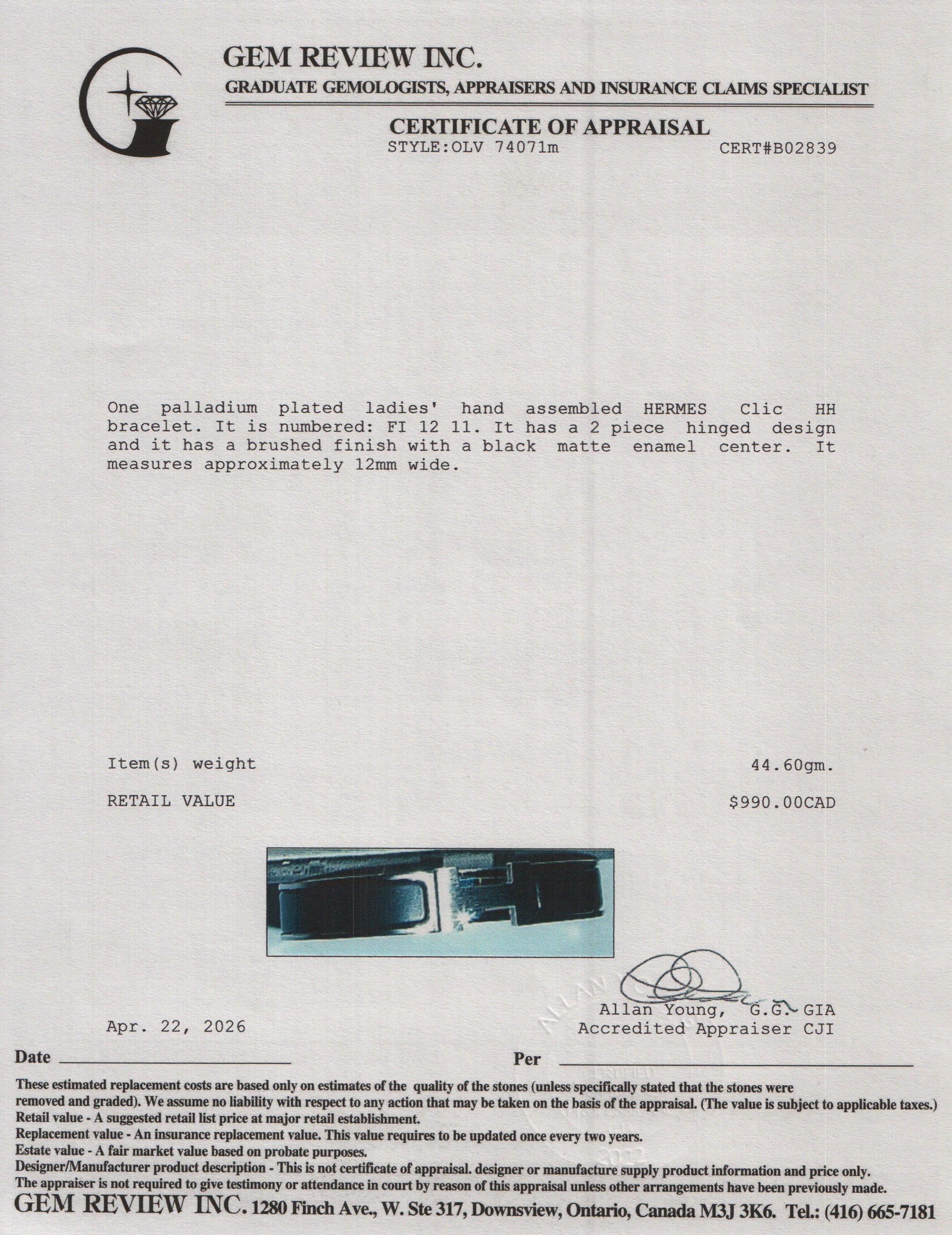 Hermes Palladium Plated Noir Mat Enamel 12 MM Clic HH Bracelet w/ Box