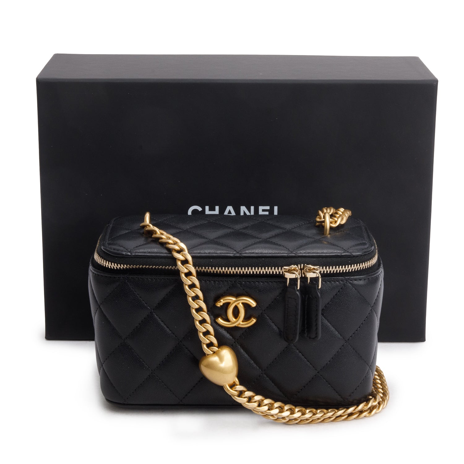 Chanel 2024 Black Lambskin Quilted Small Vanity Heart Crush Bag w/ Box & Receipt