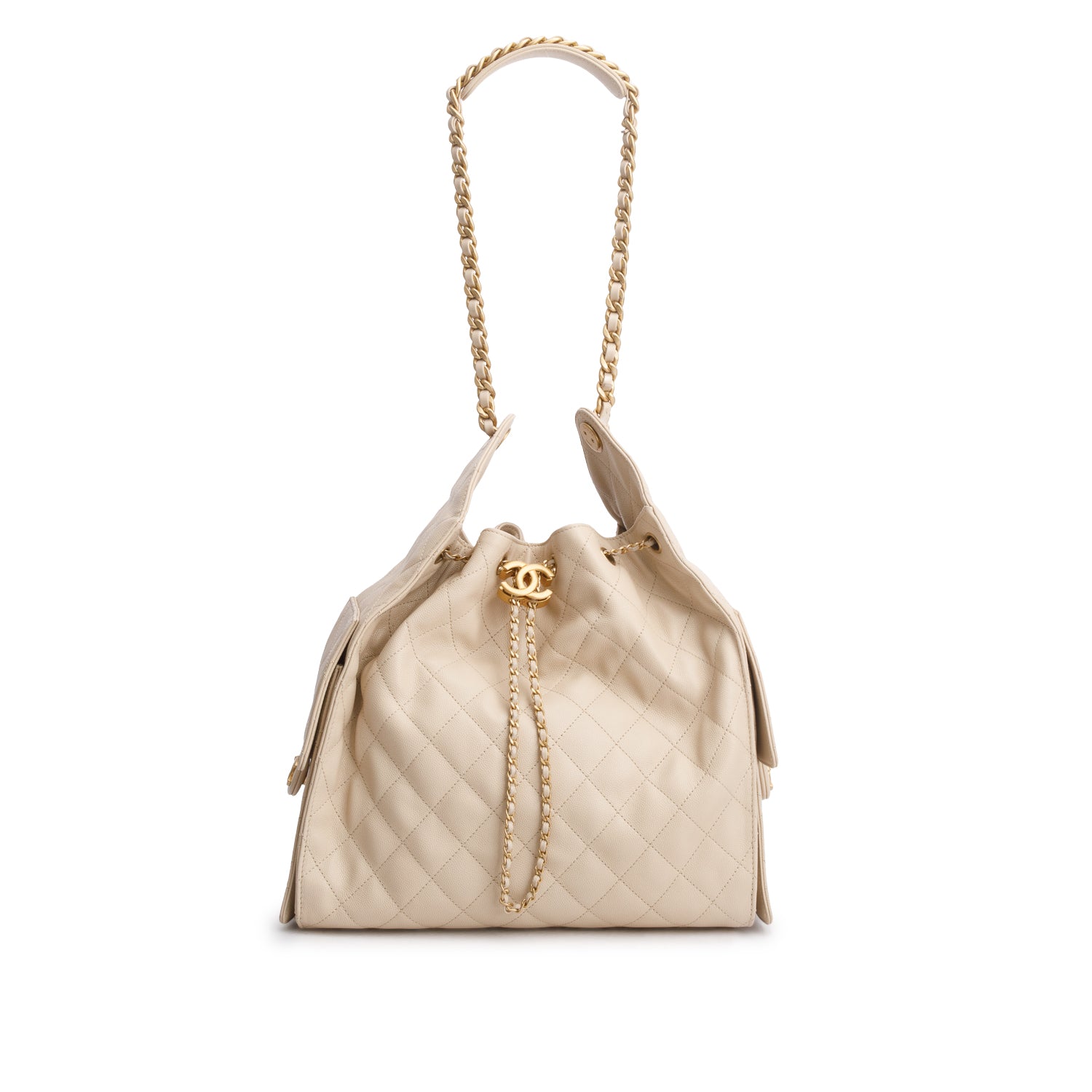 Chanel Beige Caviar Quilted Medium 25 Handbag w/ Pouch