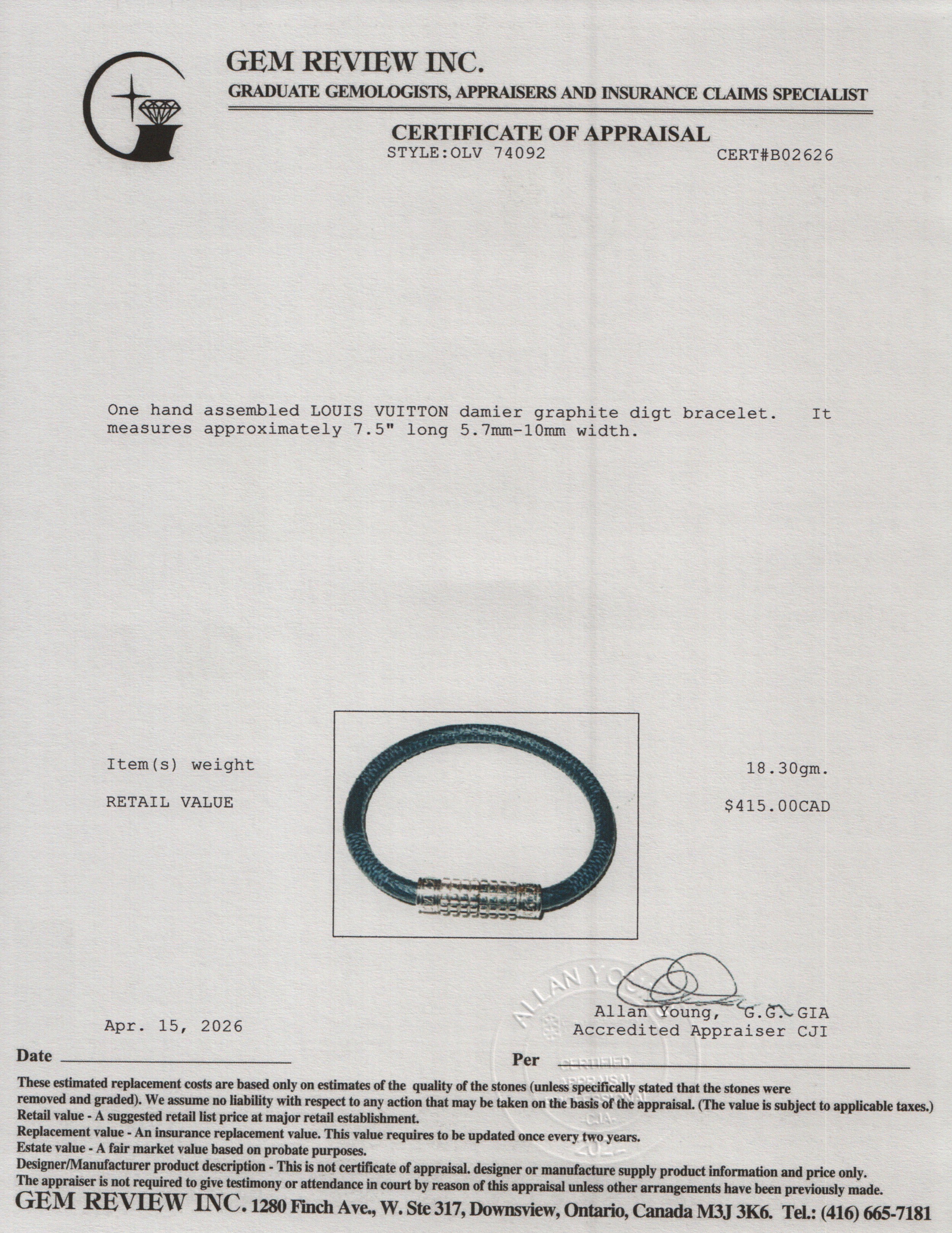 Louis Vuitton 2024 Damier Graphite Digit Bracelet w/ Box