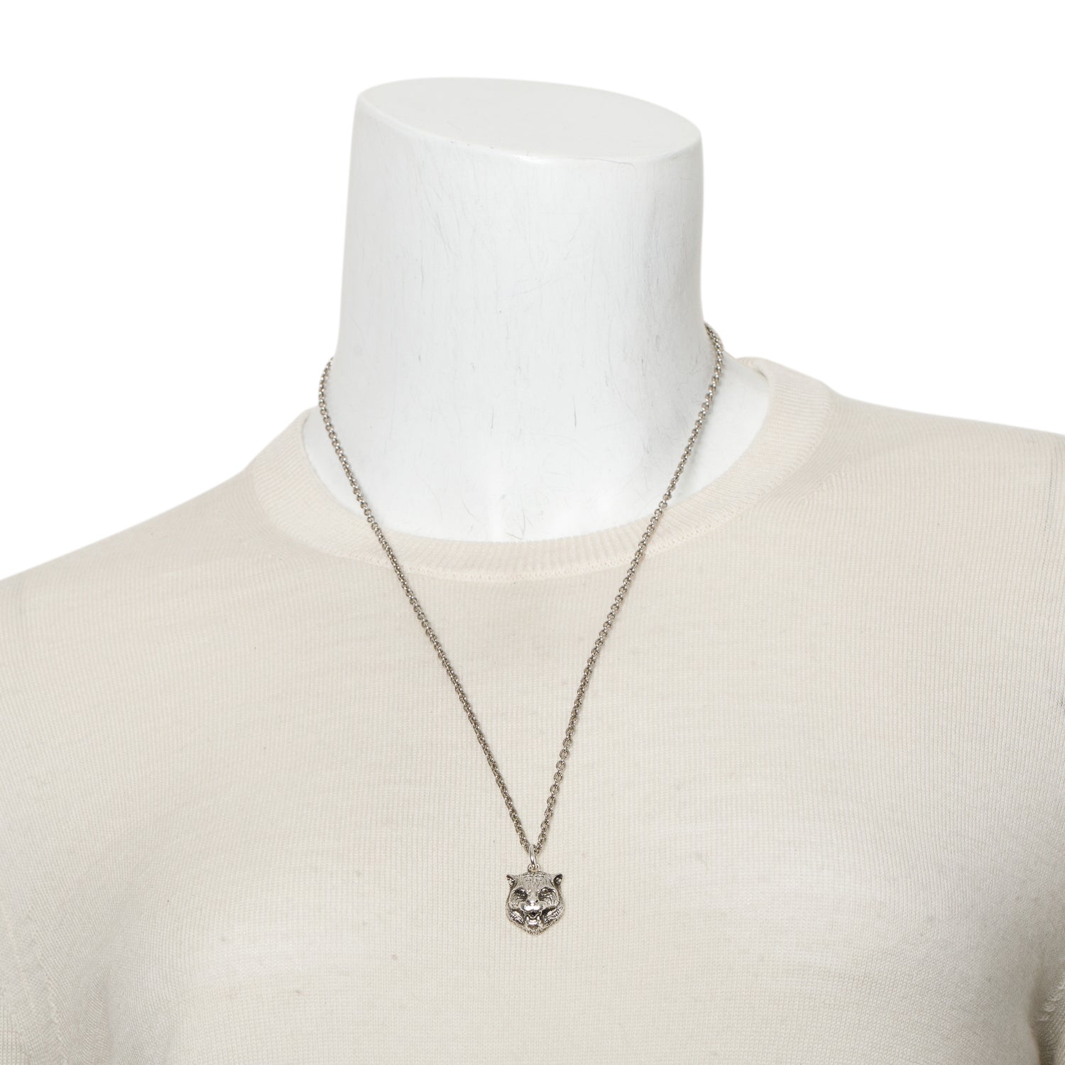 Gucci Sterling Silver Feline Head Pendant Necklace w/ Box