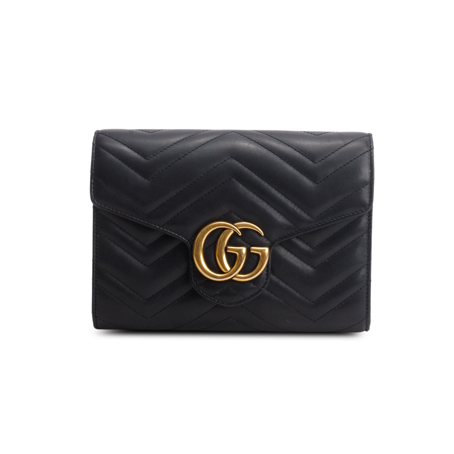 Gucci Black Calfskin Matelasse GG Marmont Wallet on Chain w/ Box