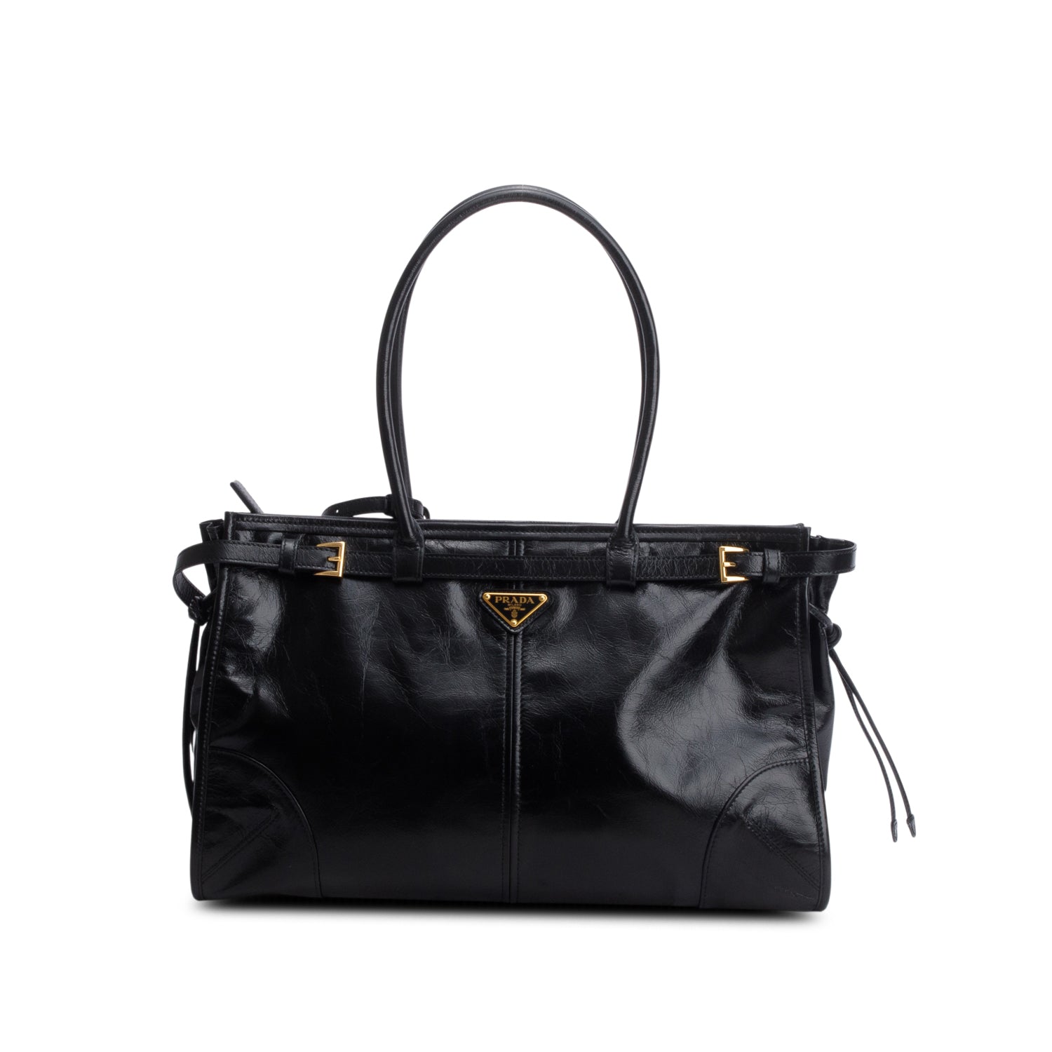 Prada Black Glossy Calfskin Triangle Large Bonnie Shoulder Bag w/ Strap