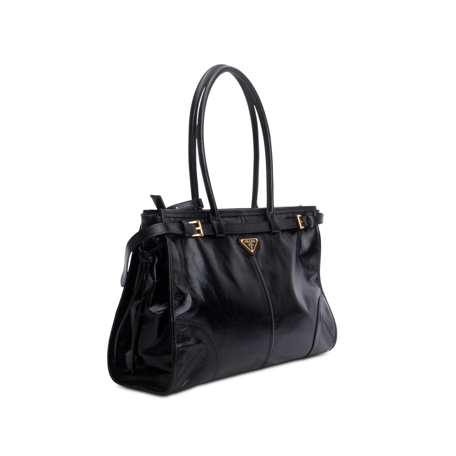 Prada Black Glossy Calfskin Triangle Large Bonnie Shoulder Bag w/ Strap