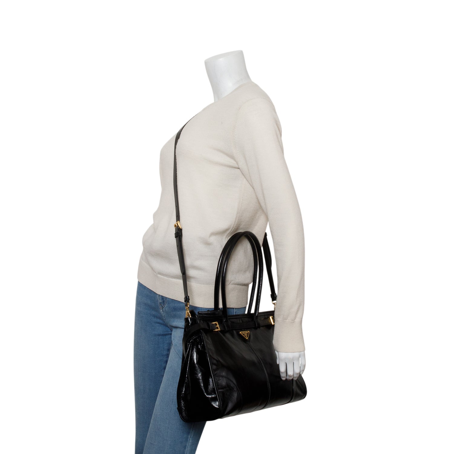 Prada Black Glossy Calfskin Triangle Large Bonnie Shoulder Bag w/ Strap