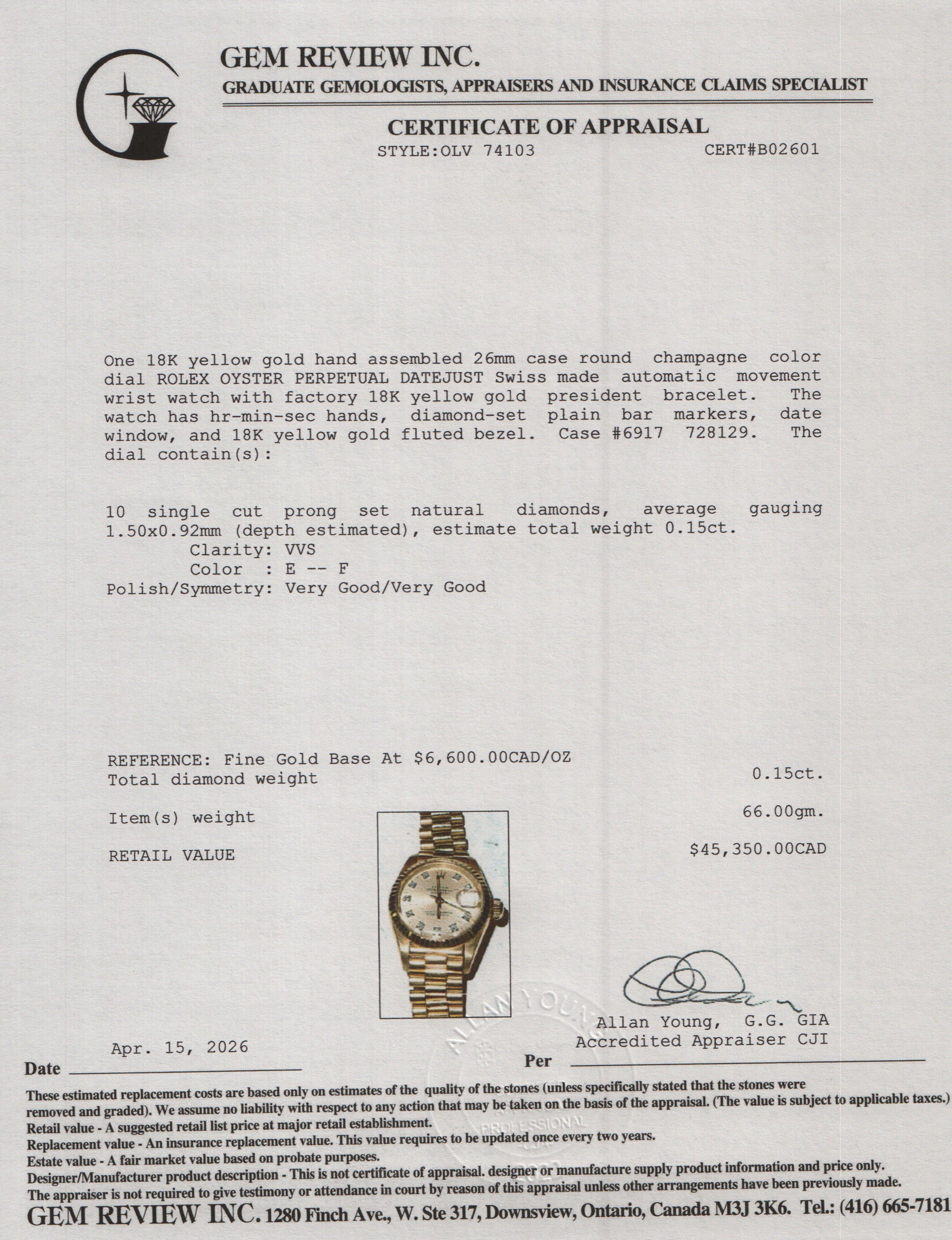 Rolex 18k Yellow Gold Lady-Datejust President 26 MM Watch Gold Diamond Dial 6917 w/ Box