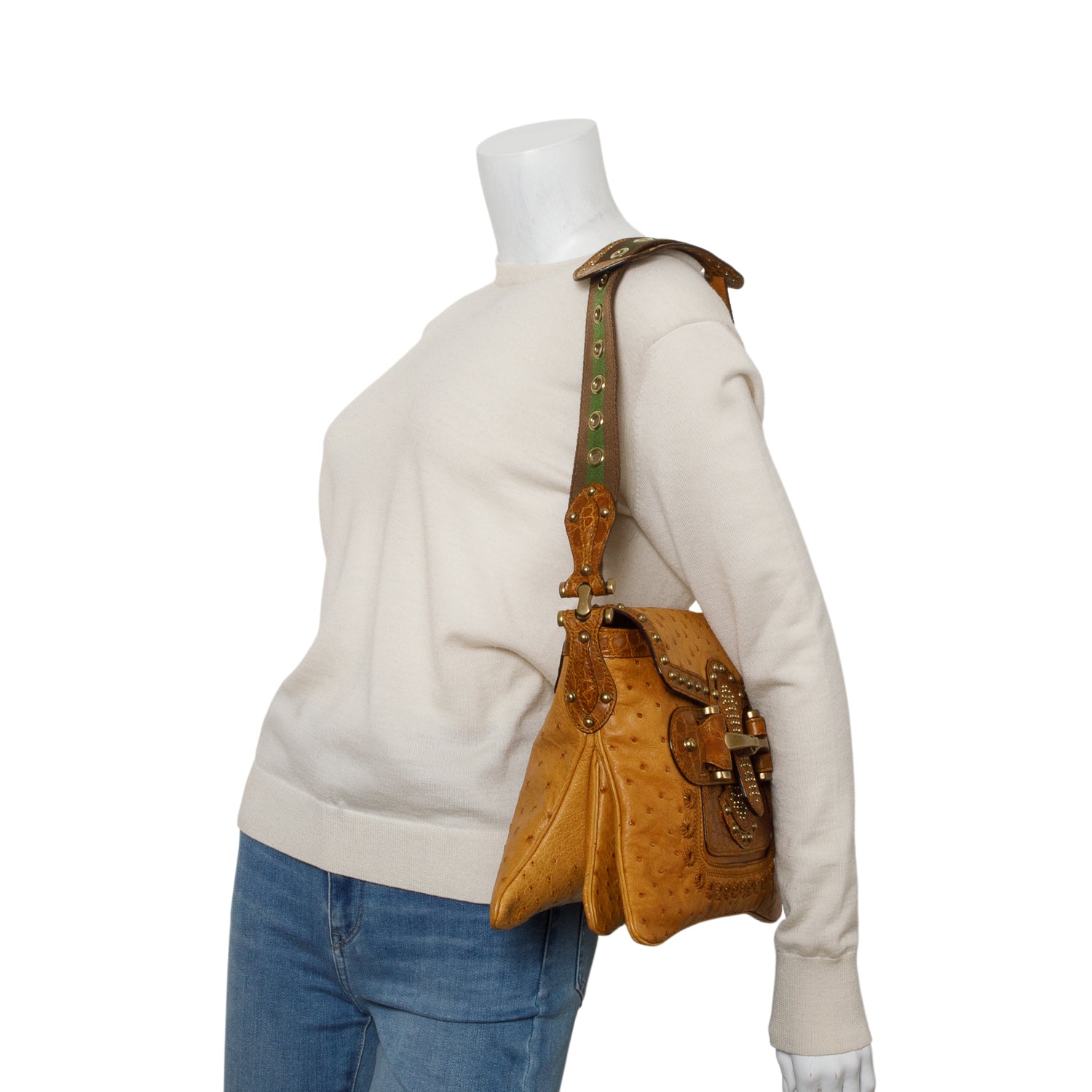 Gucci Brown Ostrich Studded Pelham Flap Bag