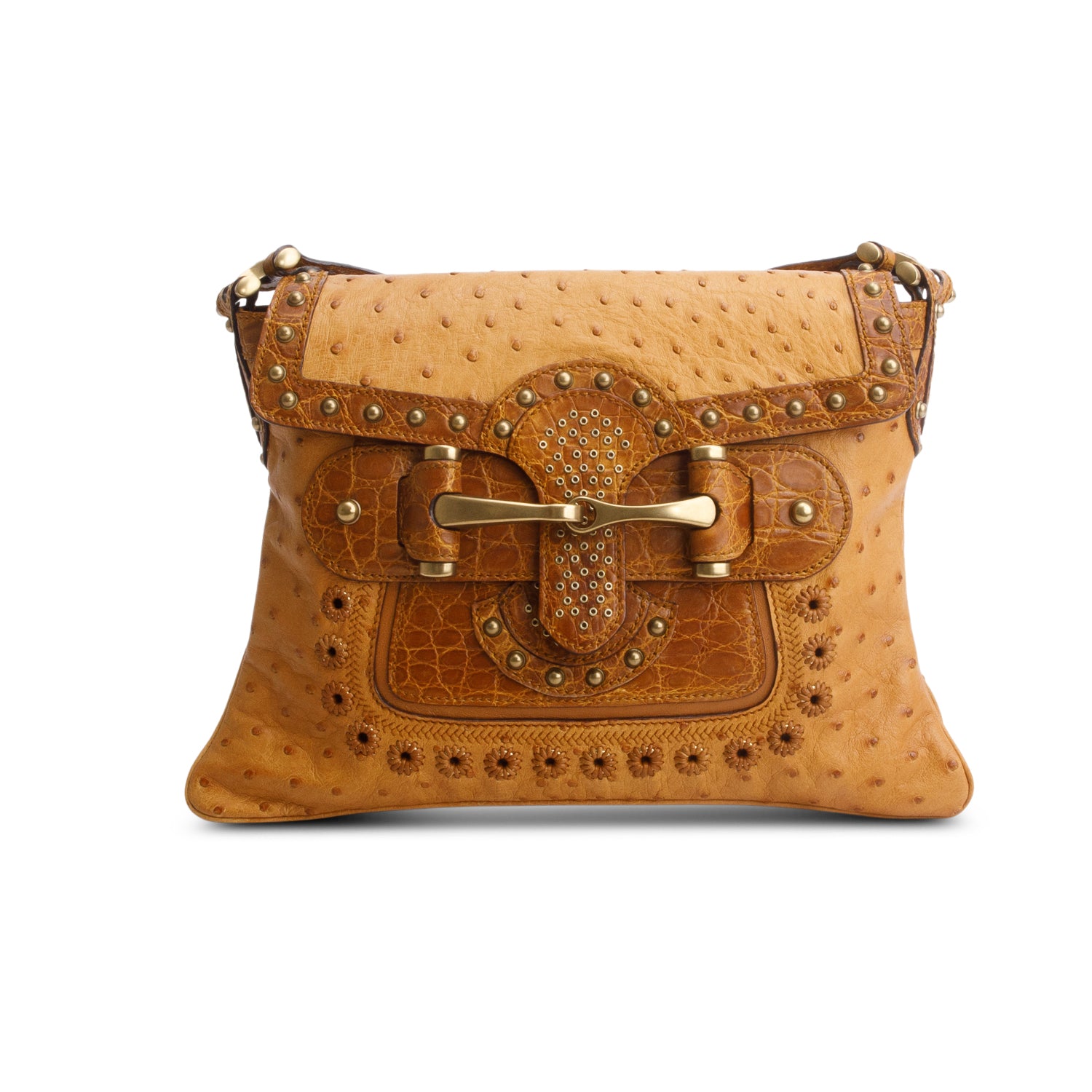 Gucci Brown Ostrich Studded Pelham Flap Bag