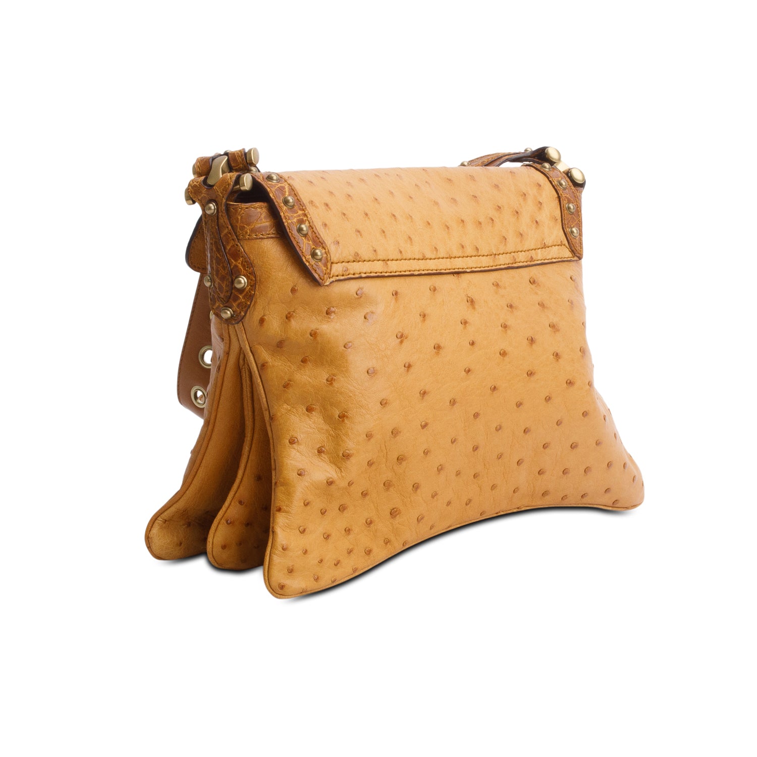 Gucci Brown Ostrich Studded Pelham Flap Bag