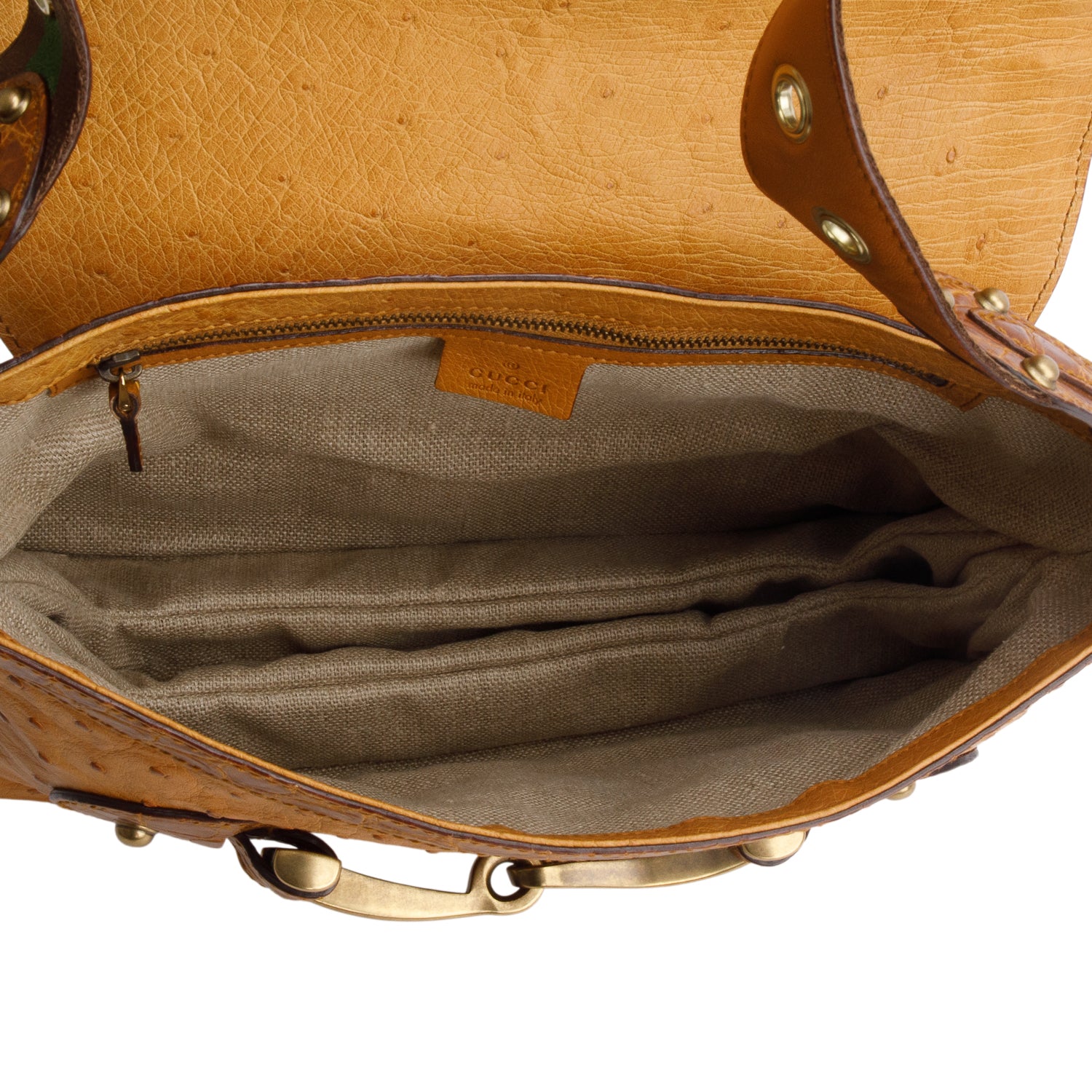 Gucci Brown Ostrich Studded Pelham Flap Bag