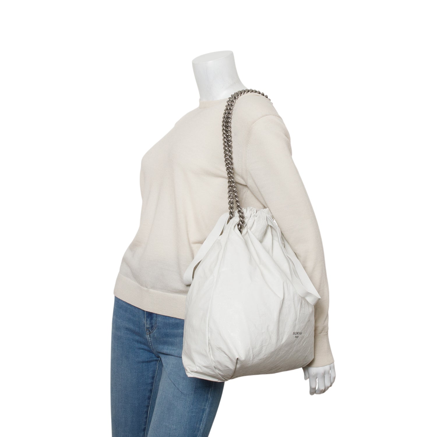 Balenciaga White Crushed Calfskin Crush Small Chain Tote