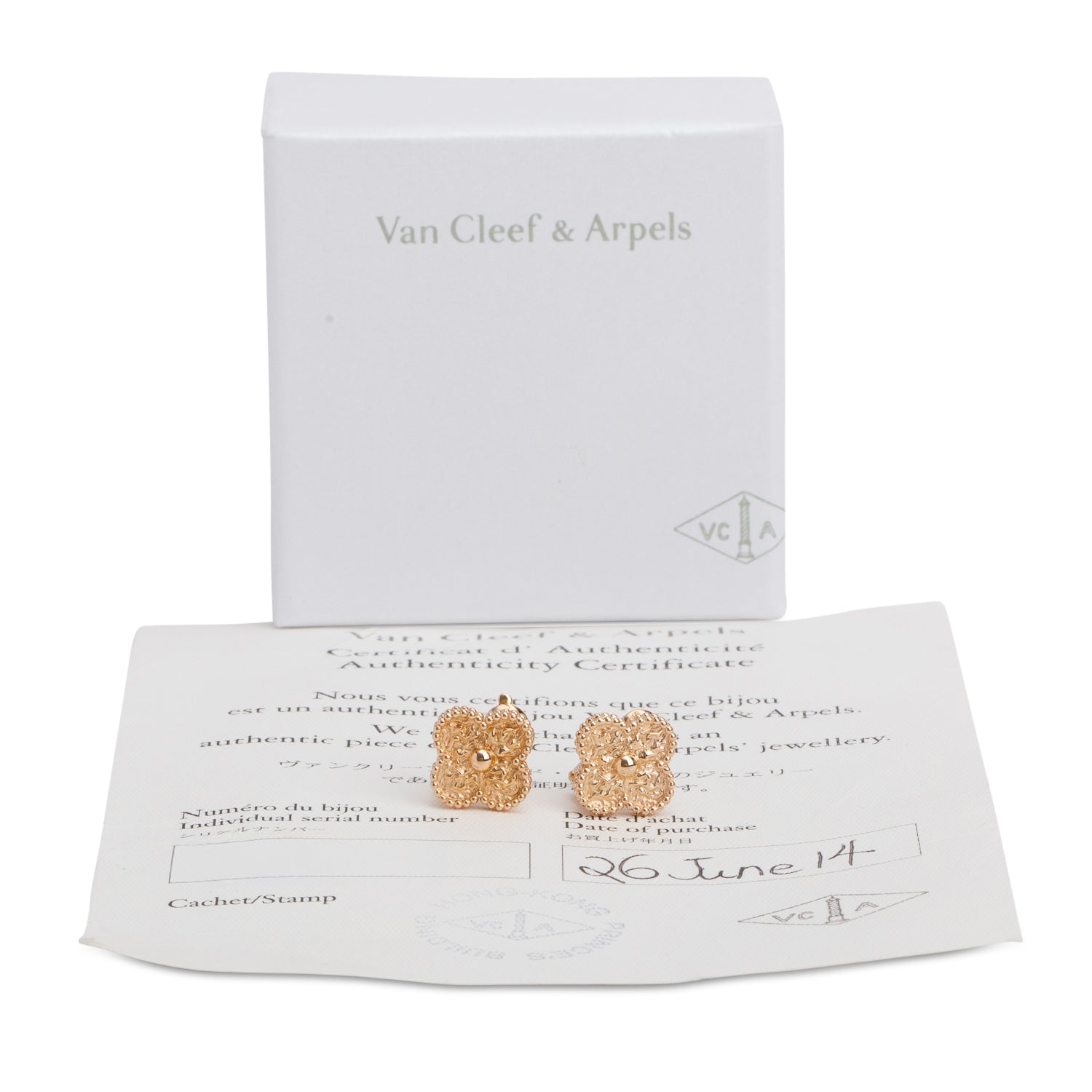 Van Cleef & Arpels 18k Yellow Gold Vintage Alhambra Earrings w/ Box & Certificate